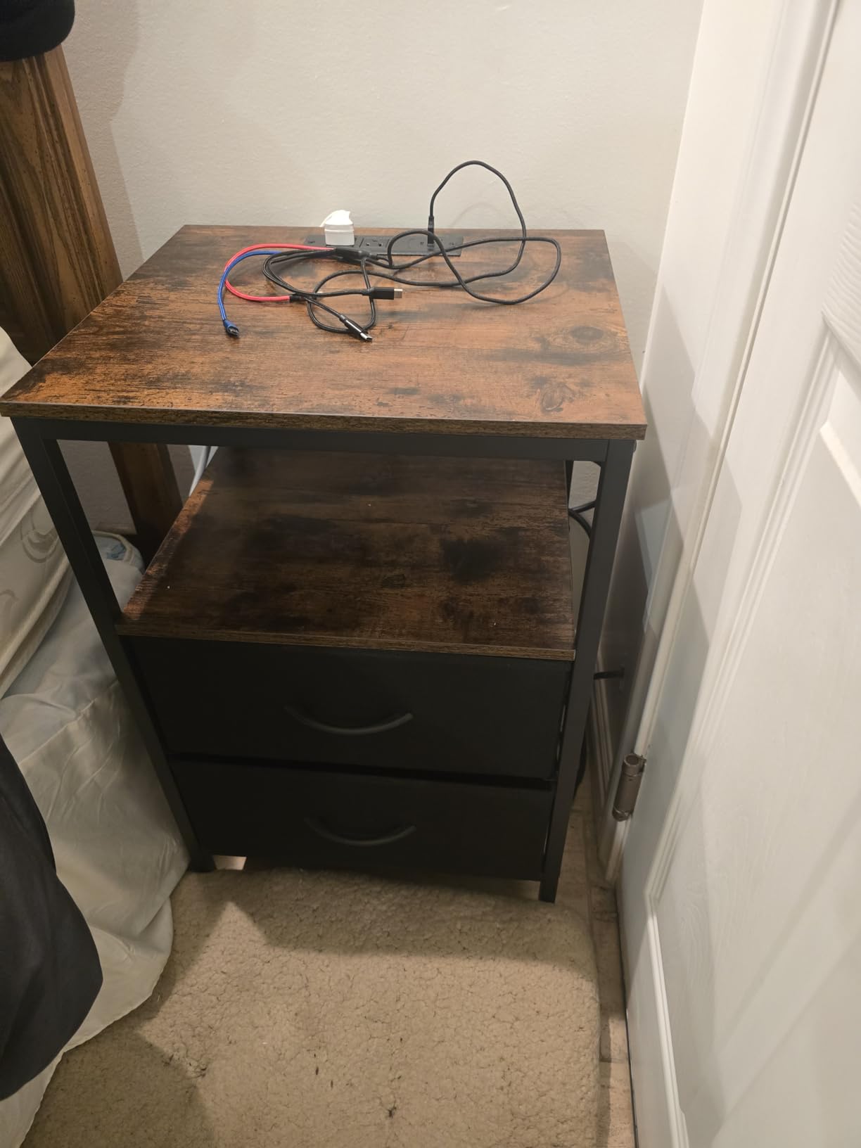 Huuger Nightstand with Charging Station, Side Table with Fabric Drawers, End Table with Open Shelf, Bedside Table with USB Ports and Outlets, Night Stand for Bedroom, Rustic Brown and Black - Customer Photo 2