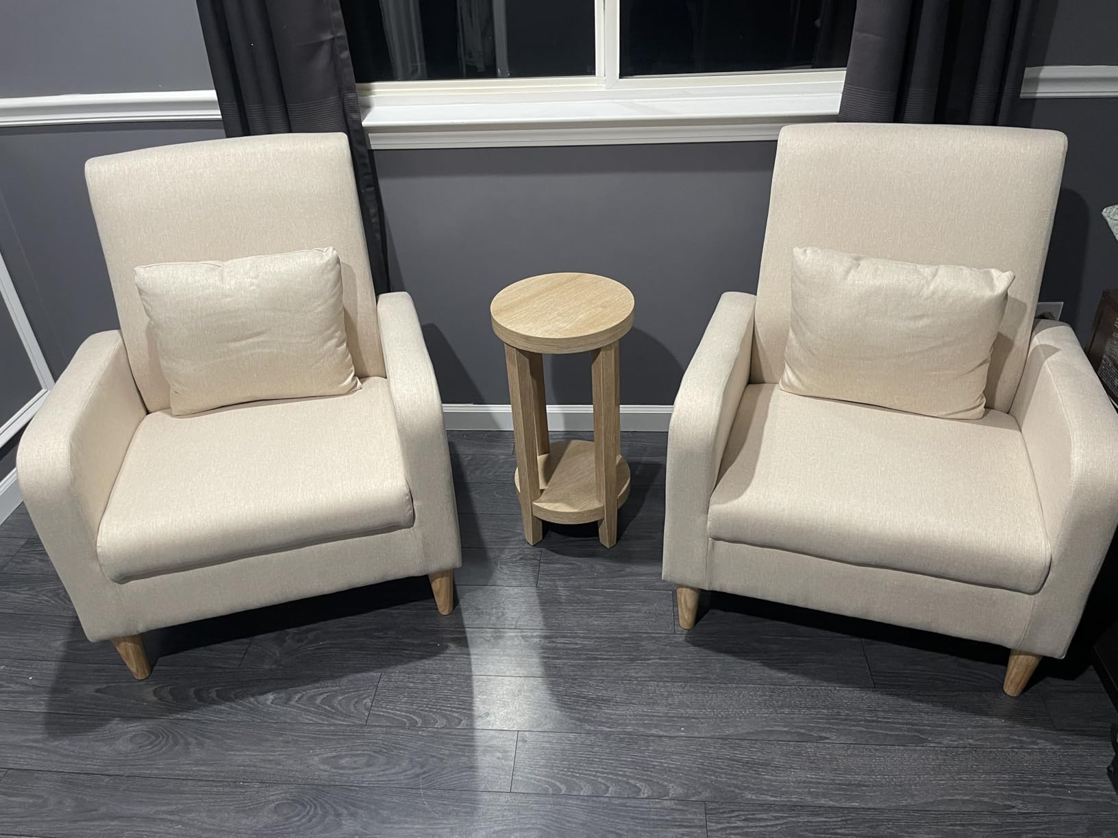 COLAMY Mid-Century Modern Upholstered Accent Chair with Back Pillow & Solid Wood Legs, Fabric Cozy Armchair for Living Room, Bedroom, Reading Nook, Apartment & Small Spaces, Beige Customer Review COLAMY Mid-Century Modern Upholstered Accent Chair with Back Pillow & Solid Wood Legs, Fabric Cozy Armchair for Living Room, Bedroom, Reading Nook, Apartment & Small Spaces, Beige - Customer Photo 2