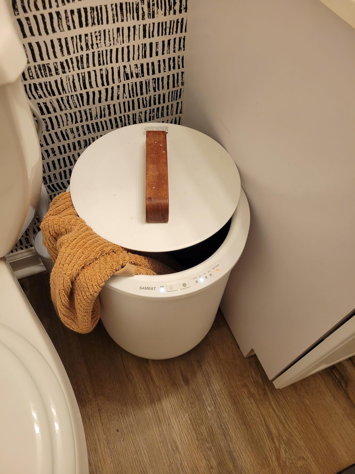 SAMEAT Heated Towel Warmers for Bathroom - Large Towel Warmer Bucket, Wood Handle, Auto Shut Off, Fits Up to Two 40