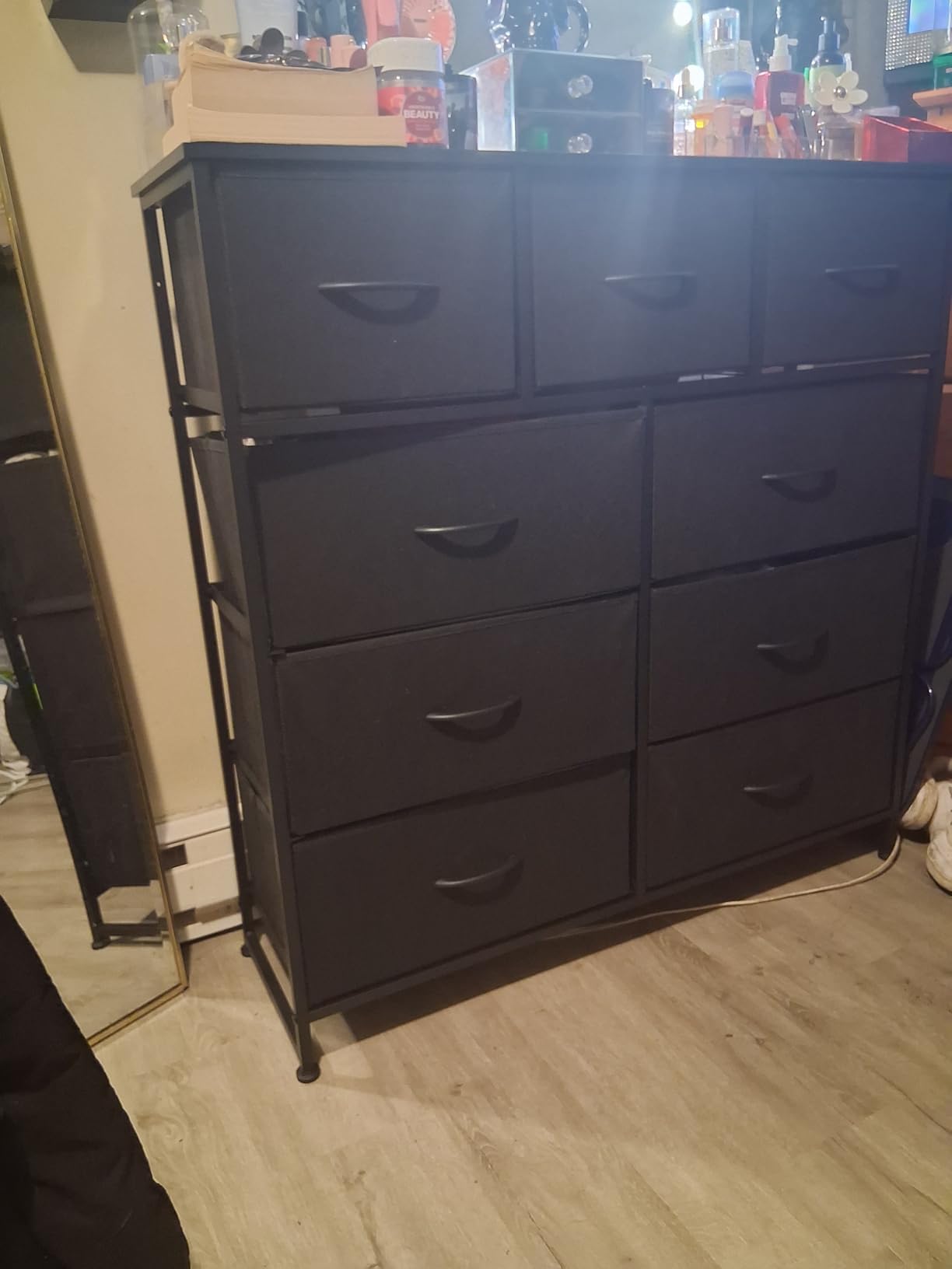 DUMOS Dresser for Bedroom, Storage Organizer with 9 Drawers, Chest of Drawers with Fabric Bins, Sturdy Metal Frame, Wood Tabletop for Guest Room, Closet, Entryway, Black - Customer Photo 3