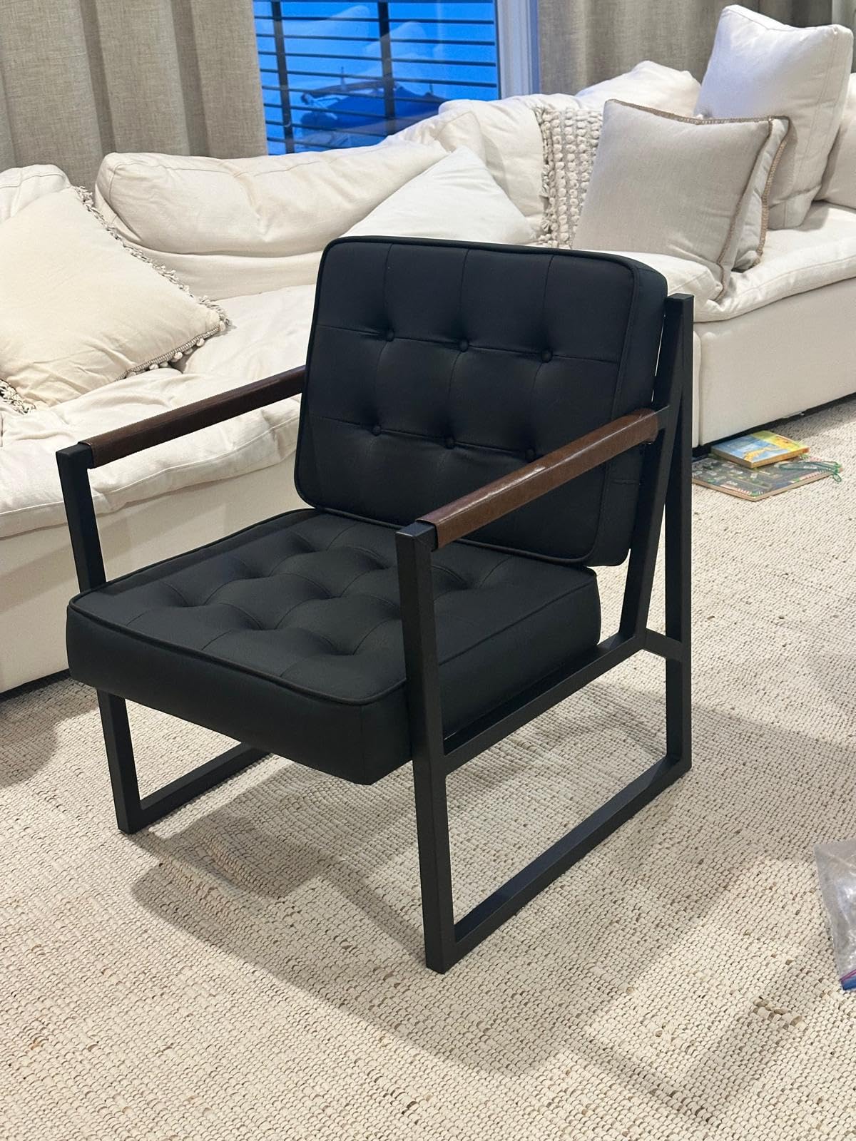 COLAMY Mid Century Modern Accent Chair Set of 2, Comfy Living Room Chair, Black Leather Accent Chair, Faux Leather Reception Armchair with Metal Legs for Living Room Bedroom Reception Office, Black Customer Review COLAMY Mid Century Modern Accent Chair Set of 2, Comfy Living Room Chair, Black Leather Accent Chair, Faux Leather Reception Armchair with Metal Legs for Living Room Bedroom Reception Office, Black - Customer Photo 1