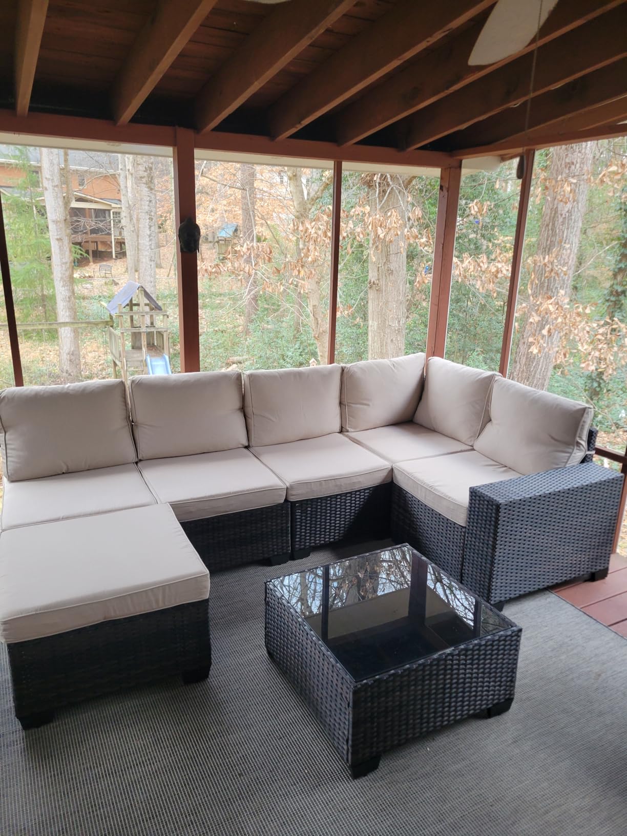 JOYURE 5 Pieces Patio Furniture Set All-Weather Outdoor Wicker Sectional Conversation Sofa Rattan Patio Seating Sofa with Cushion and Glass Table and Ottoman for Porch,Beige Customer Review JOYURE 5 Pieces Patio Furniture Set All-Weather Outdoor Wicker Sectional Conversation Sofa Rattan Patio Seating Sofa with Cushion and Glass Table and Ottoman for Porch,Beige - Customer Photo 3