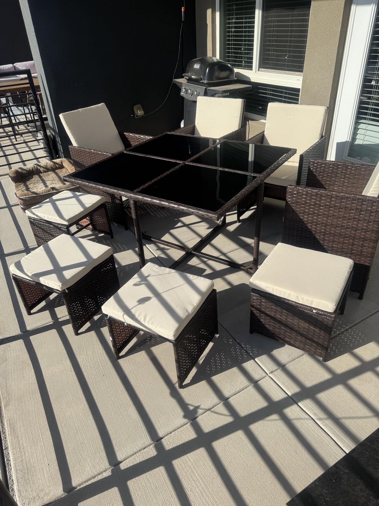 LHBcraft 9 Pieces Patio Dining Furniture Sets, Outdoor Space Saving Rattan Chairs with Glass Table, Wicker Patio Conversation Furniture Set Cushioned Seating and Back Sectional Dining Sets (BK-WH) Customer Review LHBcraft 9 Pieces Patio Dining Furniture Sets, Outdoor Space Saving Rattan Chairs with Glass Table, Wicker Patio Conversation Furniture Set Cushioned Seating and Back Sectional Dining Sets (BK-WH) - Customer Photo 1