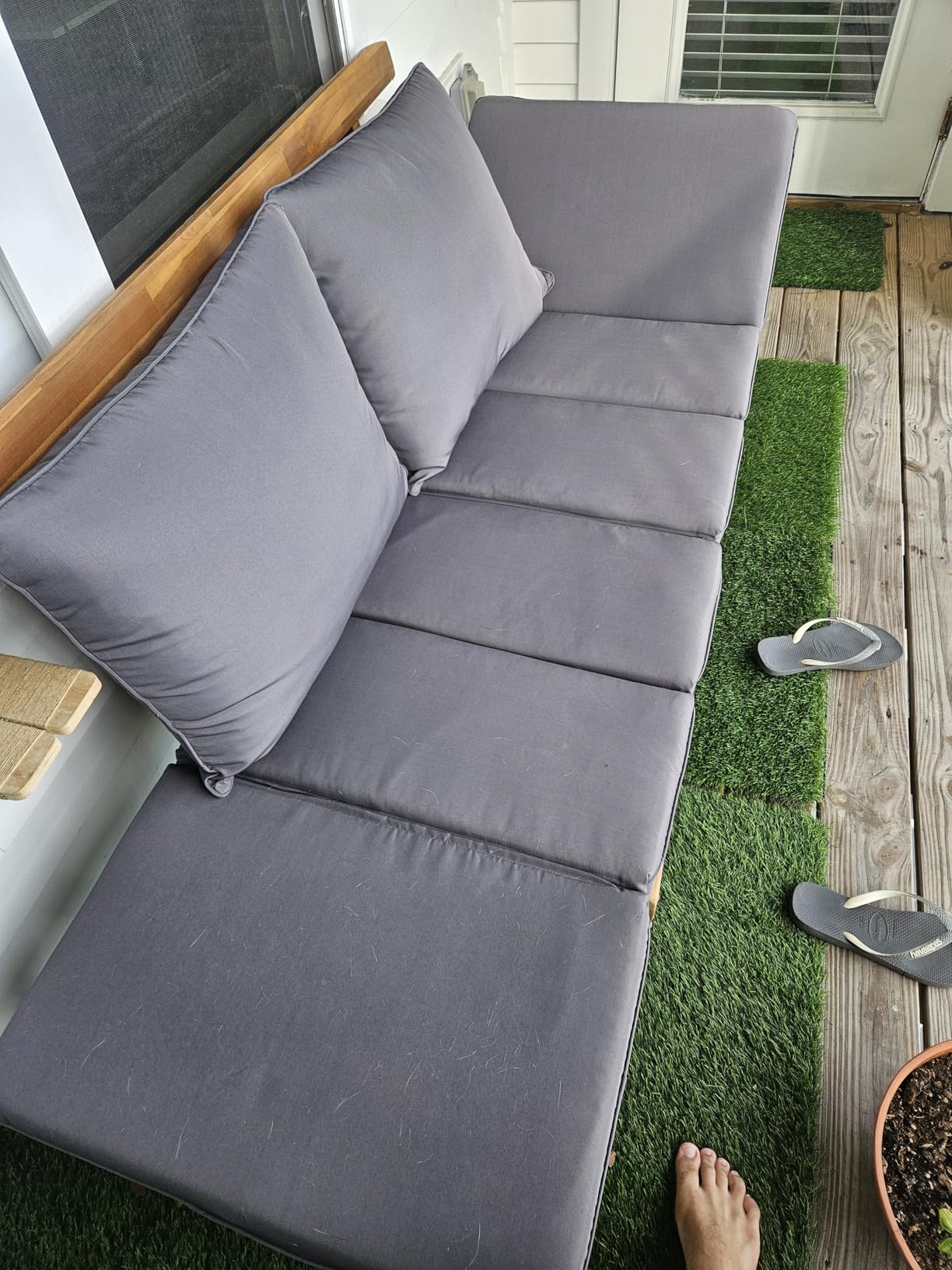 Devoko Outdoor Couch Acacia Wood Patio Couch with Adjustable Armrests, Outdoor Convertible Sofa with Removable Cushions & Pillows for Patio, Porch, Poolside(Grey) customer photo 1