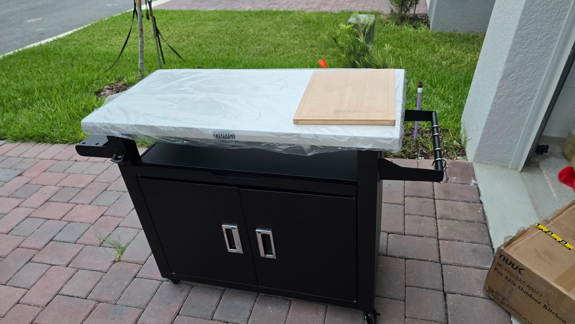 NUUK Outdoor Grill Cart with Storage Cabinet Metal Kitchen Island Prep Table with Movable Universal Wheels and Stainless Steel Top for Outside BBQ Backyard Include Hooks Spice Rack customer photo 1