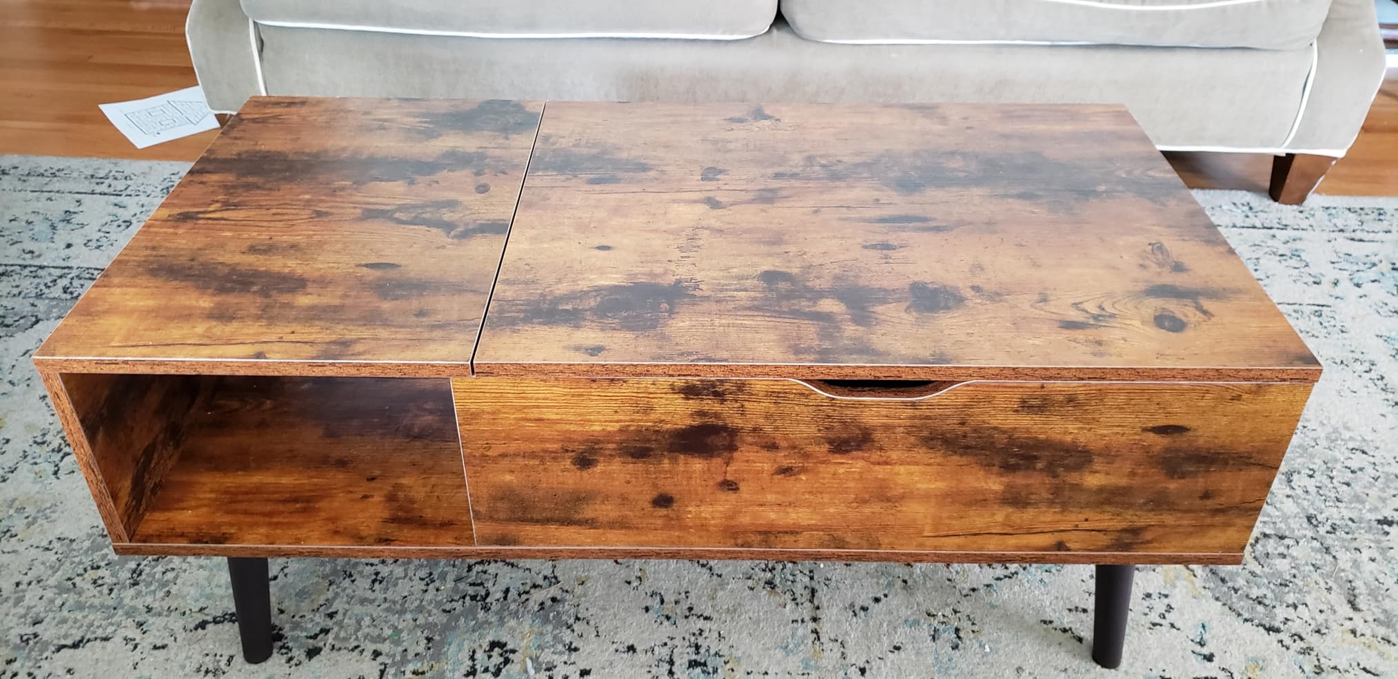 Sweetcrispy Lift Top Coffee Tables for Living Room, Small Rising Wooden Center Tables with Storage Shelf and Hidden Compartment, Brown Customer Review Sweetcrispy Lift Top Coffee Tables for Living Room, Small Rising Wooden Center Tables with Storage Shelf and Hidden Compartment, Brown - Customer Photo 1