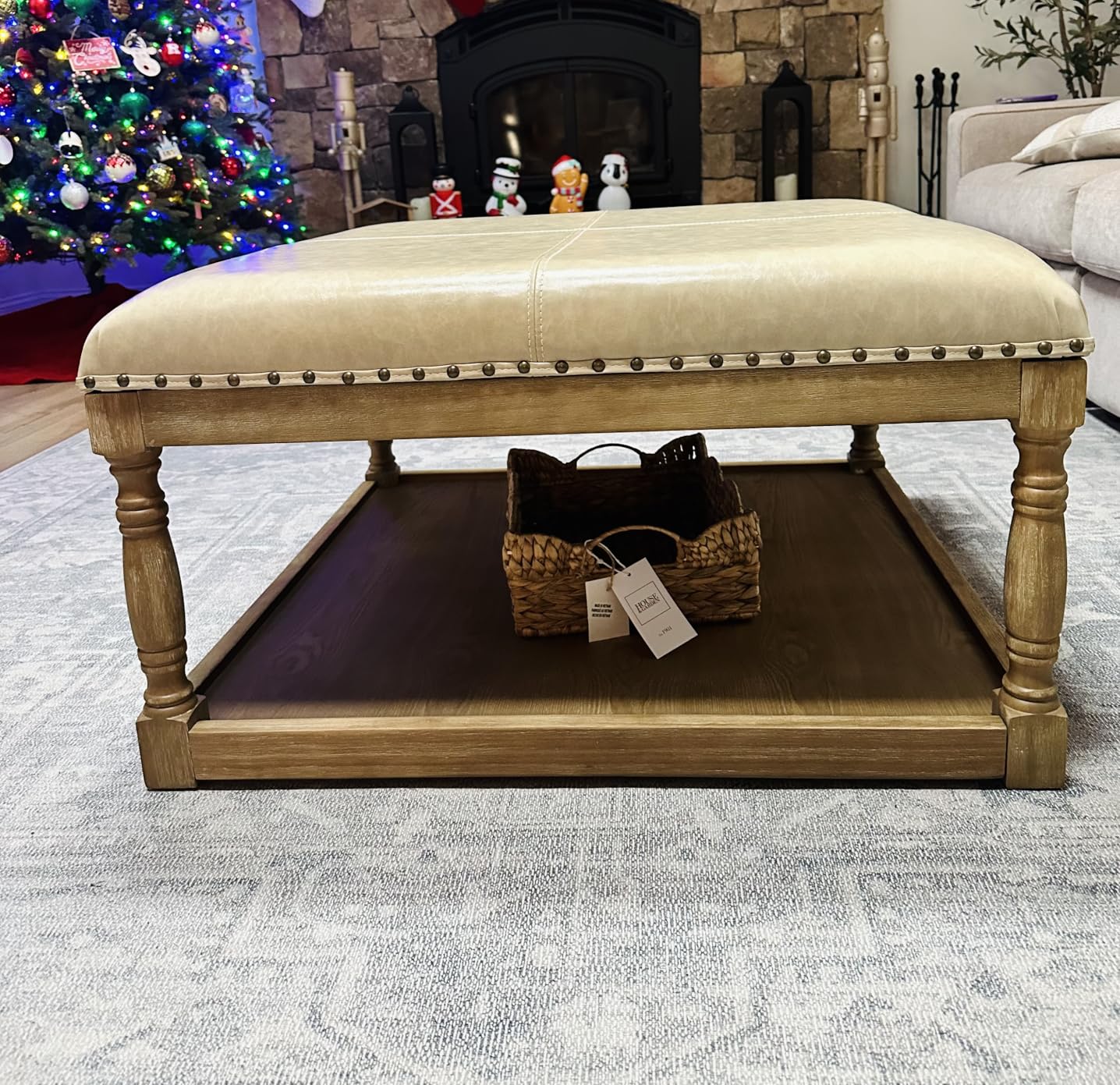 HUIMO 33-Inch Leather Ottoman Coffee Table, Large Ottoman with Shelf & Solid Wood Frame for Living Room (Light Brown) Customer Review HUIMO 33-Inch Leather Ottoman Coffee Table, Large Ottoman with Shelf & Solid Wood Frame for Living Room (Light Brown) - Customer Photo 2