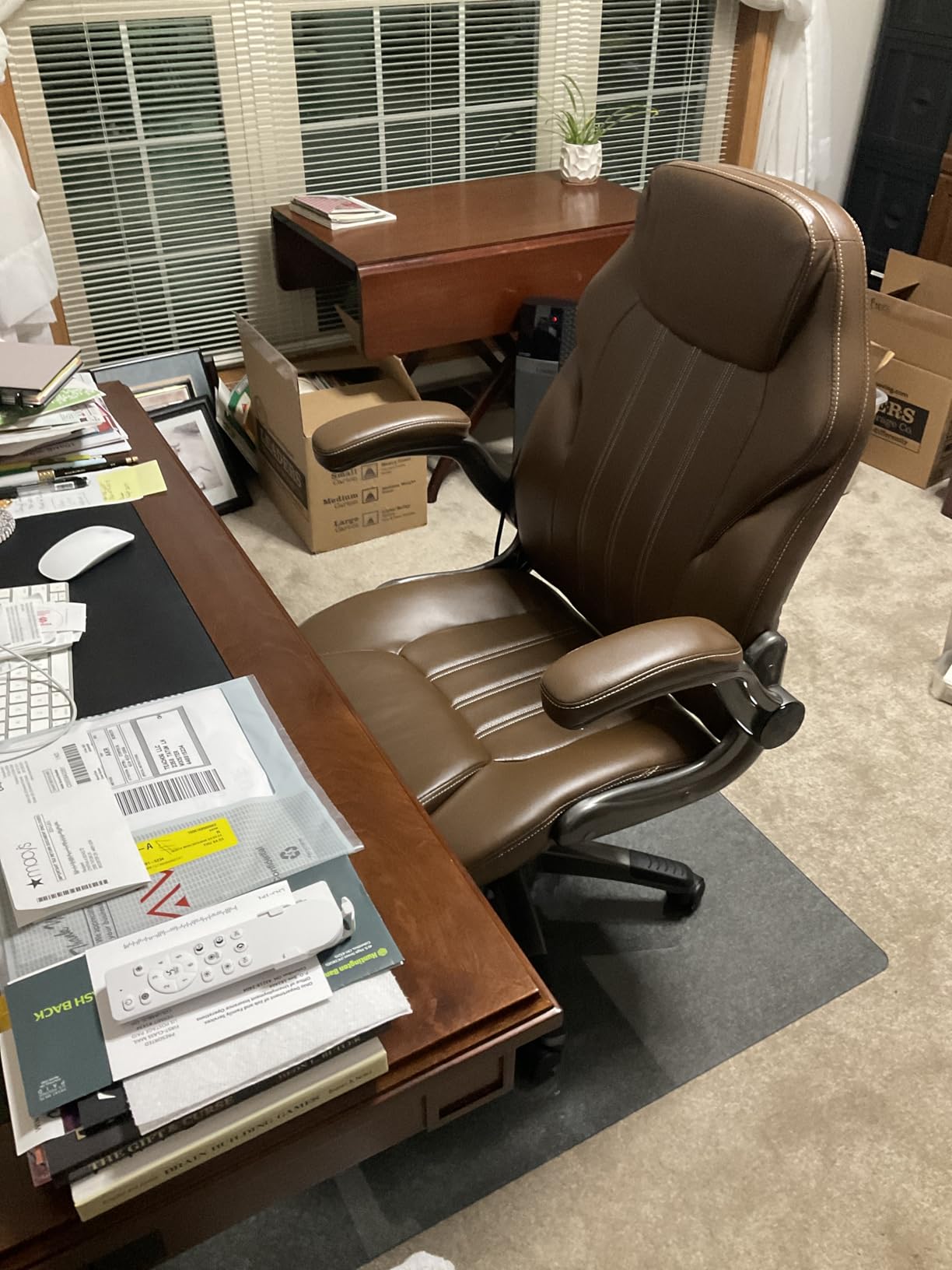 Office Desk Chair, Ergonomic Computer Chair with Padded Flip-Up Arms and Adjustable Lumbar Support, PU Leather Executive Chair with Tilt Lock and 360° Swivel Rolling Wheels for Work, Study - Customer Photo 1