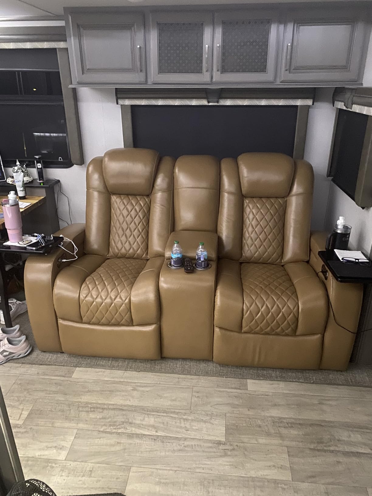 Seatcraft Anthem Italian Leather Sofa w/Fold-Down Table, Living Room, Power Headrest, Power Recline, Smokey Blue Customer Review Seatcraft Anthem Italian Leather Sofa w/Fold-Down Table, Living Room, Power Headrest, Power Recline, Smokey Blue - Customer Photo 1
