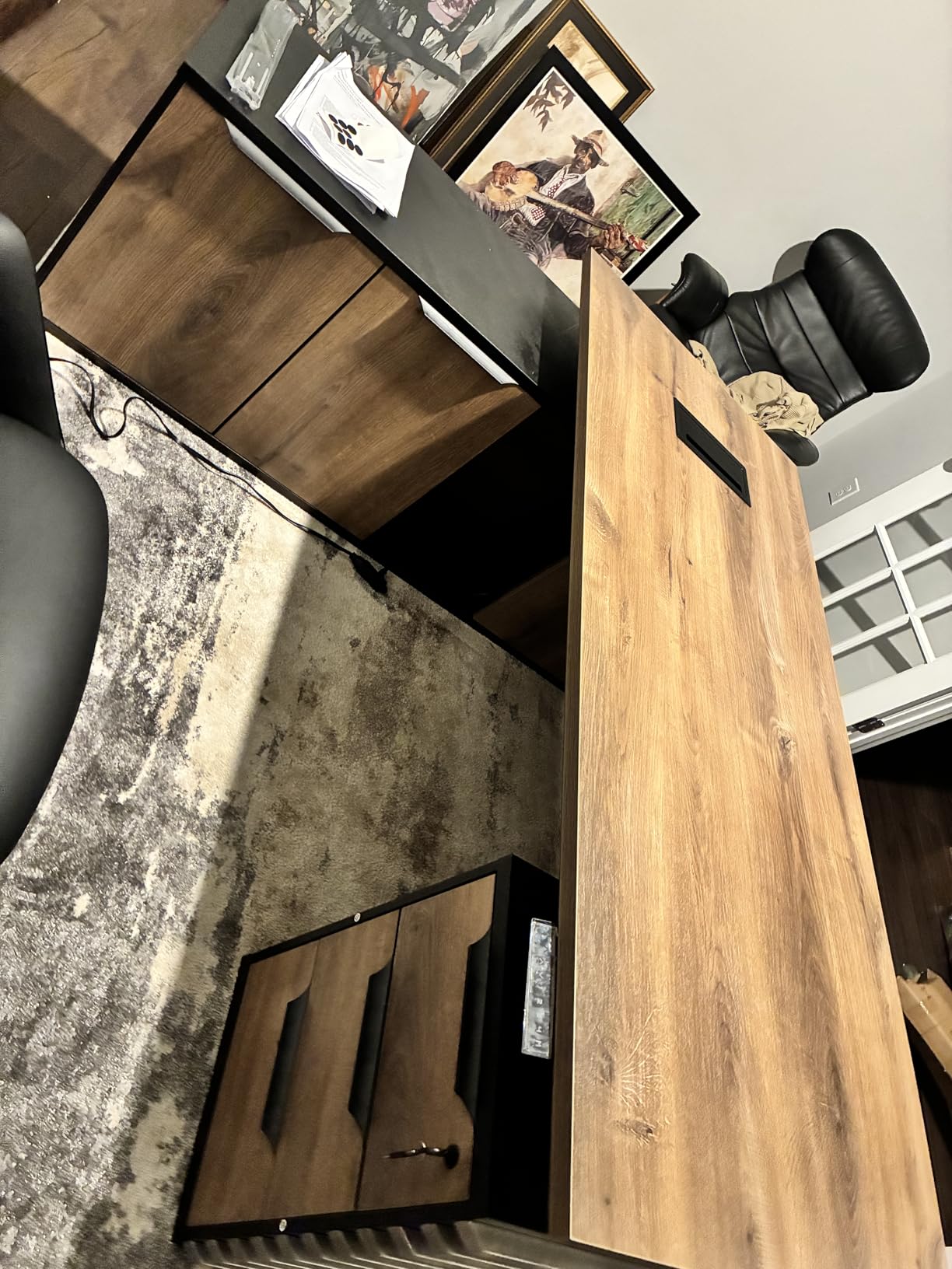 70.87IN Adjustable Heigh L Shaped Executive Desk with Drawers, Modern Executive Standing Home Office Desk w/Universal Charging Ports, Large Business Workstation w/Cord Management,Black and Warm Oak - Customer Photo 1