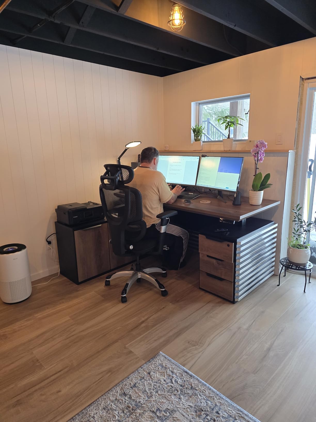 SAINTCY 86.61In L Shaped Executive Standing Desk with Drawers, Large Modern Adjustable Heigh Home Office Desk w/Universal Charging Ports, Business Workstation, Black and Warm Oak - Customer Photo 1