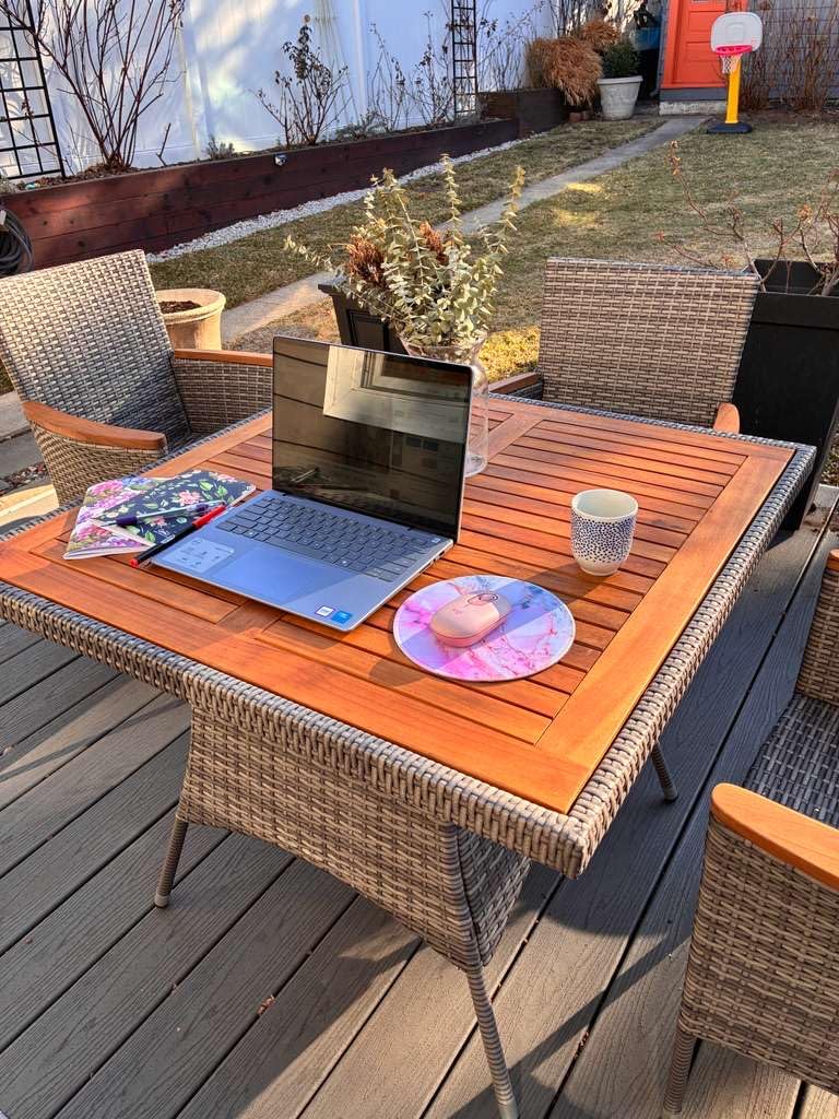 Wisteria Lane Patio Outdoor Table and Chairs Set, Rattan Outdoor Patio Furniture Set with Removable Cushions, Outdoor Patio Dining Sets with Acacia Wood Tabletop for Deck Garden Backyard, Brown Customer Review Wisteria Lane Patio Outdoor Table and Chairs Set, Rattan Outdoor Patio Furniture Set with Removable Cushions, Outdoor Patio Dining Sets with Acacia Wood Tabletop for Deck Garden Backyard, Brown - Customer Photo 1