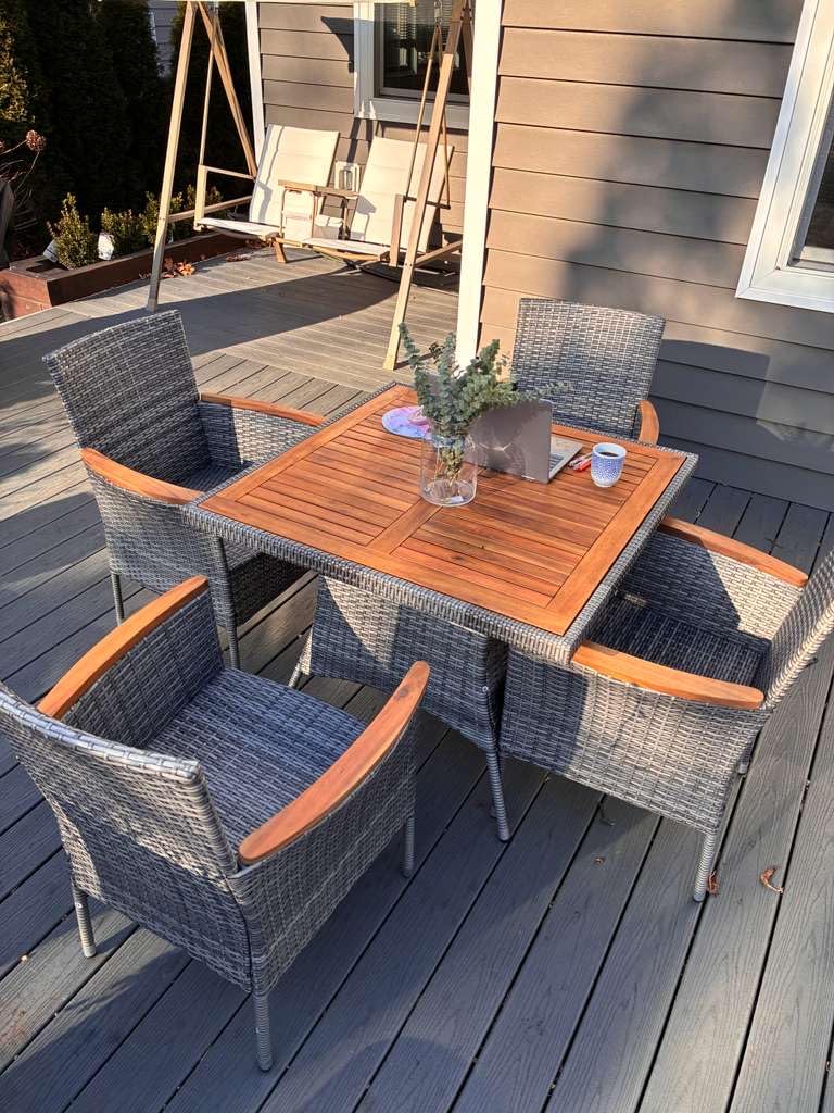 Wisteria Lane Patio Outdoor Table and Chairs Set, Rattan Outdoor Patio Furniture Set with Removable Cushions, Outdoor Patio Dining Sets with Acacia Wood Tabletop for Deck Garden Backyard, Brown Customer Review Wisteria Lane Patio Outdoor Table and Chairs Set, Rattan Outdoor Patio Furniture Set with Removable Cushions, Outdoor Patio Dining Sets with Acacia Wood Tabletop for Deck Garden Backyard, Brown - Customer Photo 2
