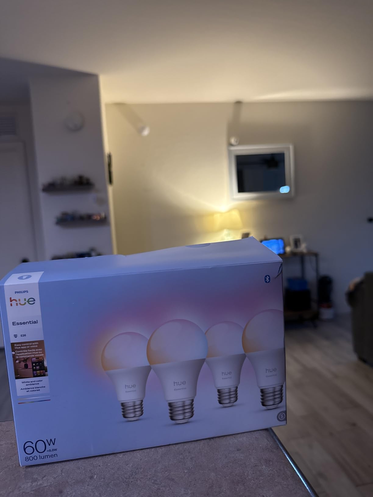 Philips Hue Essential Smart LED A19 Bulb, White and Color Ambiance, E26 Base, 8.8W, 2200K-6500K, 800 Lumens, Dimmable, Works with Alexa, Google, and Apple Home, 4-Pack customer photo 2