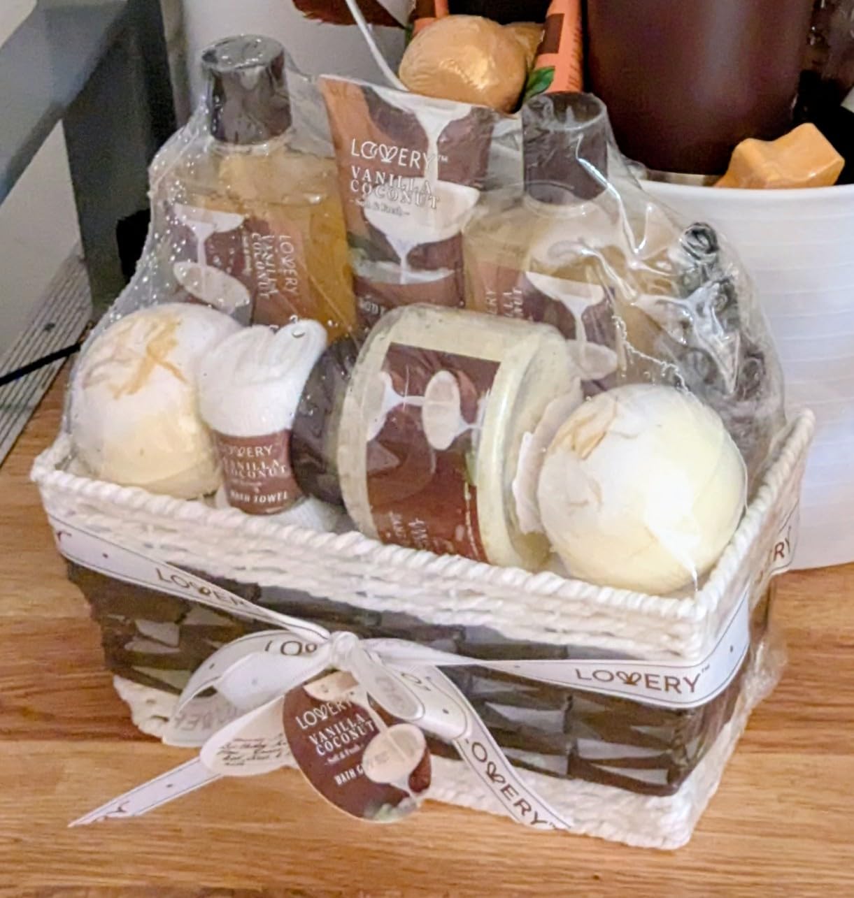 Gifts For Women Gift Basket for Women – 9 Piece Set of Vanilla Coconut Home Spa Set, Luxurious Valentines Day Gifts for Her, Bath and Body Sets Includes Fragrant Lotions, Large Bath Bombs, Coconut Oil Customer Review Gifts For Women Gift Basket for Women – 9 Piece Set of Vanilla Coconut Home Spa Set, Luxurious Valentines Day Gifts for Her, Bath and Body Sets Includes Fragrant Lotions, Large Bath Bombs, Coconut Oil - Customer Photo 1