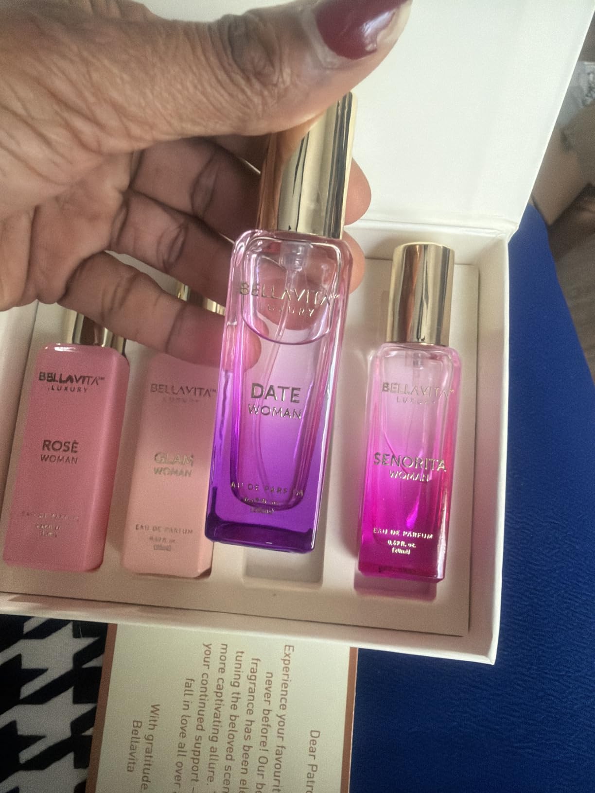 BellaVita Luxury Women's Perfume Gift Set | 4x20ml | Notes of Floral, Sweet, Spicey Red Fruit, Vanilla & Musk | DATE, SENORITA, GLAM & ROSE | French Parfum | Best gift for Valentine's Day - Customer Photo 2