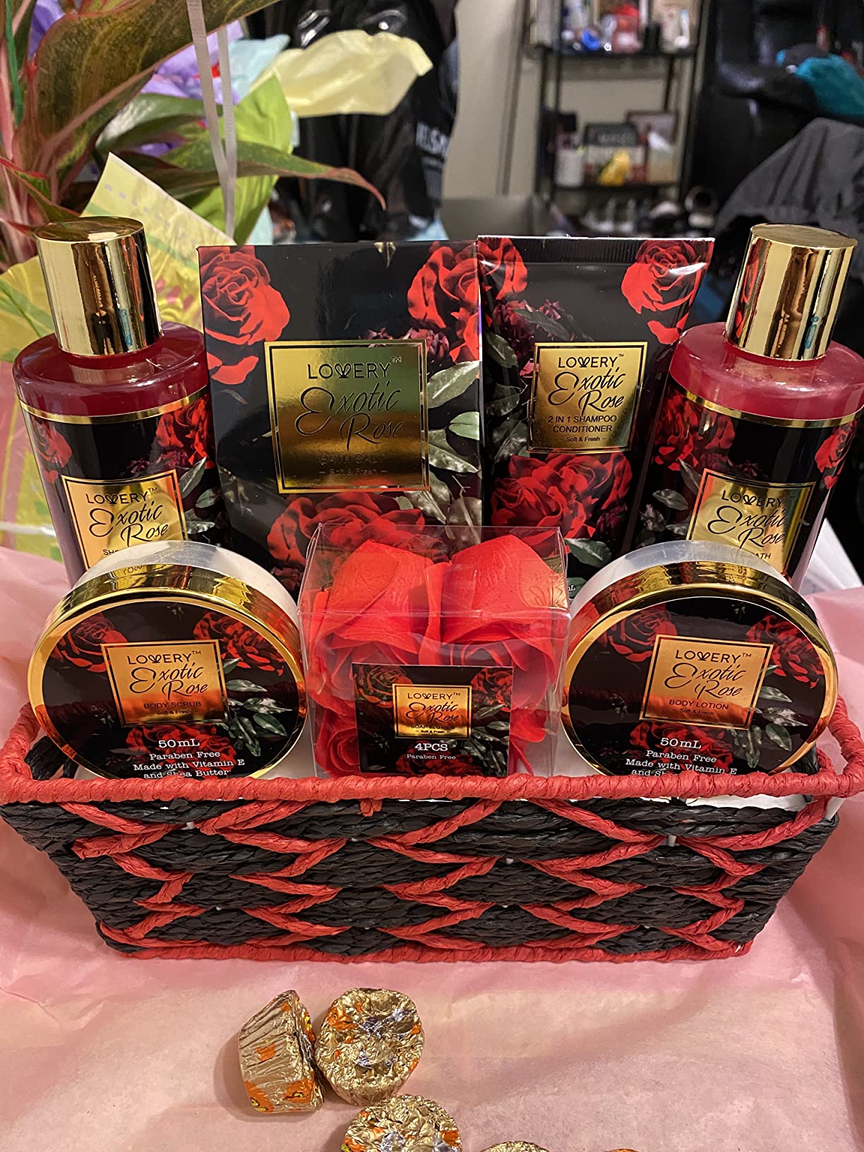 Valentine's Day Gift Basket for Her - Exotic Rose & Spa Bath & Body Set for Women, Anniversary & Birthday Gift with Body Scrub, Bubble Bath, Lotion & More - Customer Photo 1