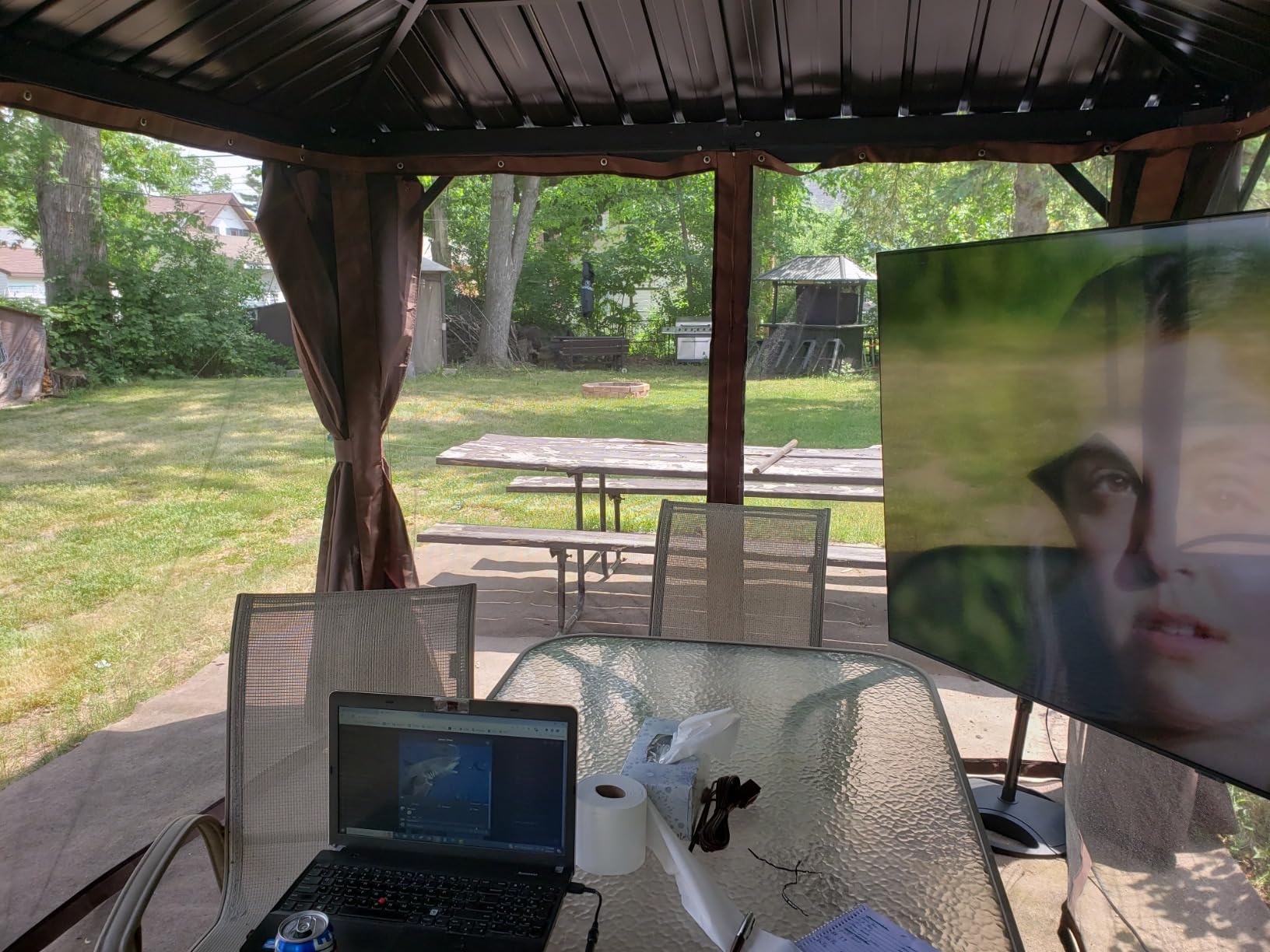 HAPPATIO 10' x 12' Hardtop Gazebo, Outdoor Wood Grain Frame Aluminum Gazebo, Double Roof Permanent Patio Canopy with Netting and Curtains for Garden, Patio, Lawns, Parties (Grey) customer photo 1