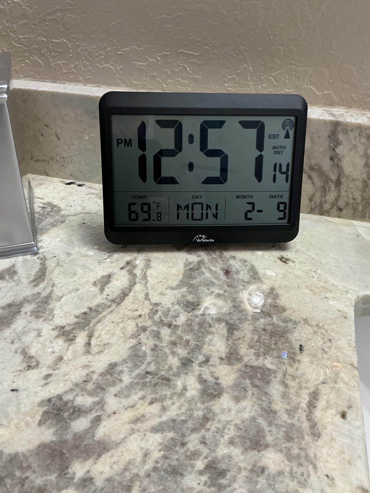WallarGe Atomic Digital Wall Clock Battery Operated, Self-Setting, Large Display with Temperature, Date, Day of The Week, Silent Wall Mount Digital Clock, 4 Time Zones, DST customer photo 2