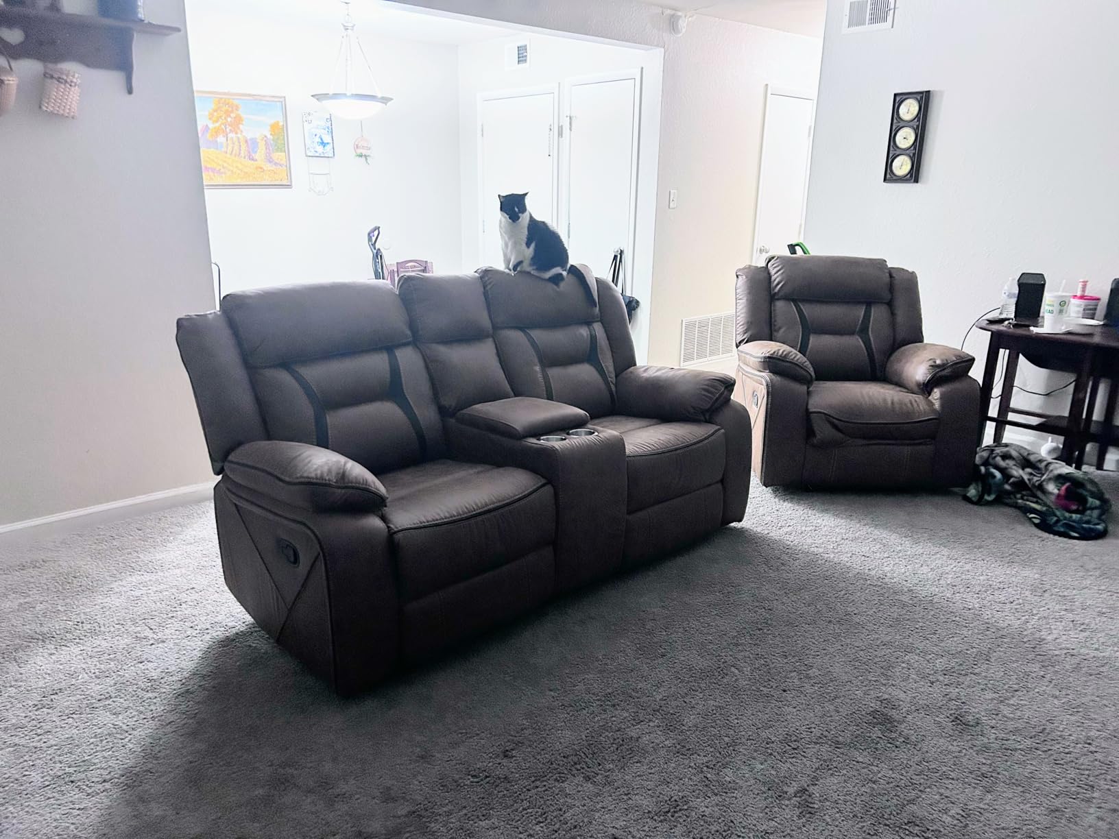 EBELLO Faux Leather Manual Loveseat Recliner, 2 Seat Reclining Sofa Chair with Center Console, Hidden Storage and Cup Holders, Daul Recliner for Living Room, Meeting Room, Brown (Loveseat) customer photo 1