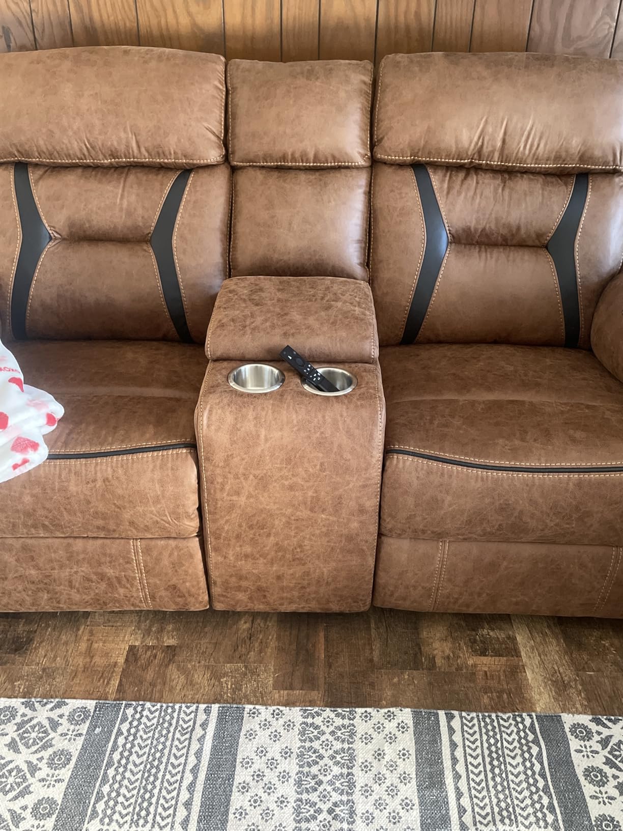EBELLO Faux Leather Manual Loveseat Recliner, 2 Seat Reclining Sofa Chair with Center Console, Hidden Storage and Cup Holders, Daul Recliner for Living Room, Meeting Room, Brown (Loveseat) customer photo 2