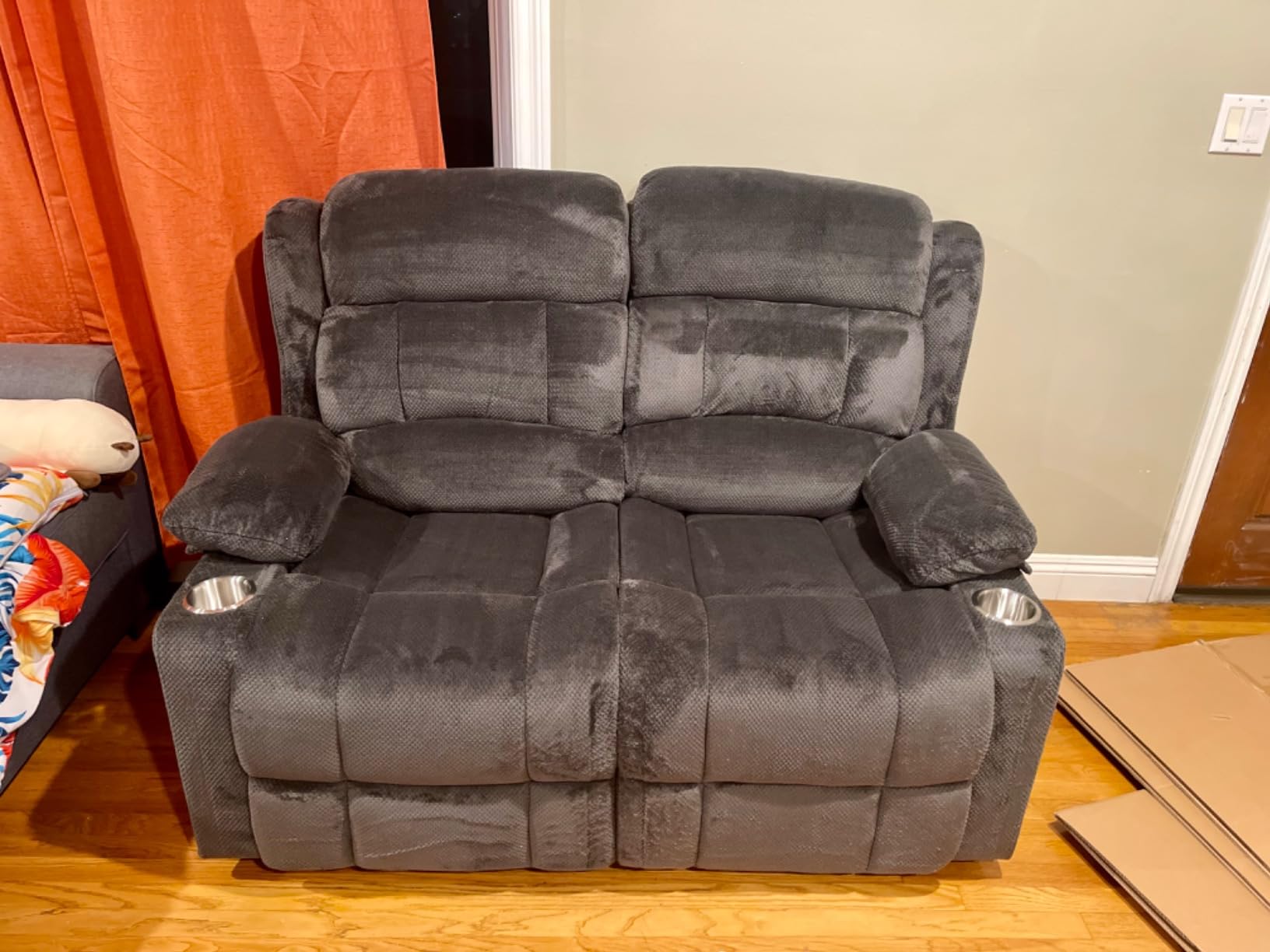 Loveseat Recliner Sofa, 2 Seater Minimalist Style Fabric Manual Pull Tab Reclining Loveseat with USB Charge Ports, Cup Holders, Recliner Love Seat Couches for Living Room, RV, Gray customer photo 1