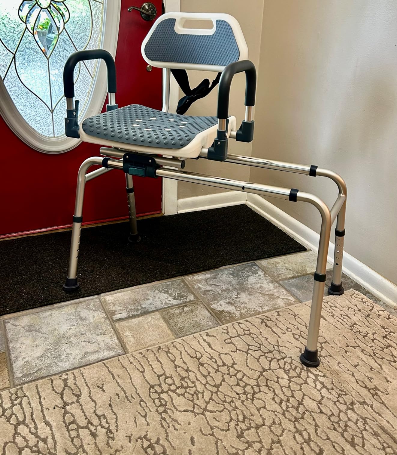 Sliding Shower Chair Tub Transfer Bench with Swivel Seat, Shower Bench for Elderly and Disabled, with Security Belt, 360 Rotation, Slides and Rotates, Adjustable customer photo 2
