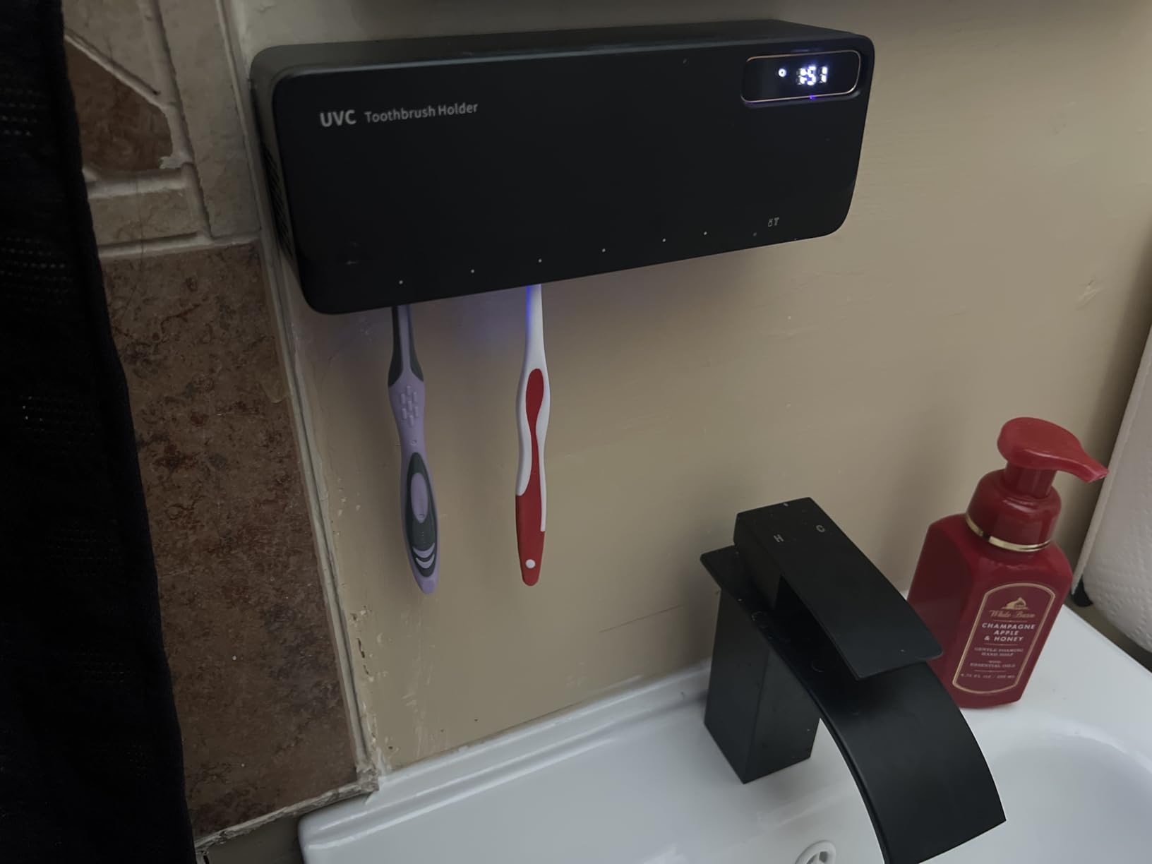 ZOZOO UV Toothbrush Sanitizeri Holder with 99.9% Cleaning,Air Dry,Heating,5+1+1 Slots,12 Hour Memory,Rechargeable Wall Mounted Strong Adhesive Toothbrush Holder with Cover for Bathroom(White) customer photo 1
