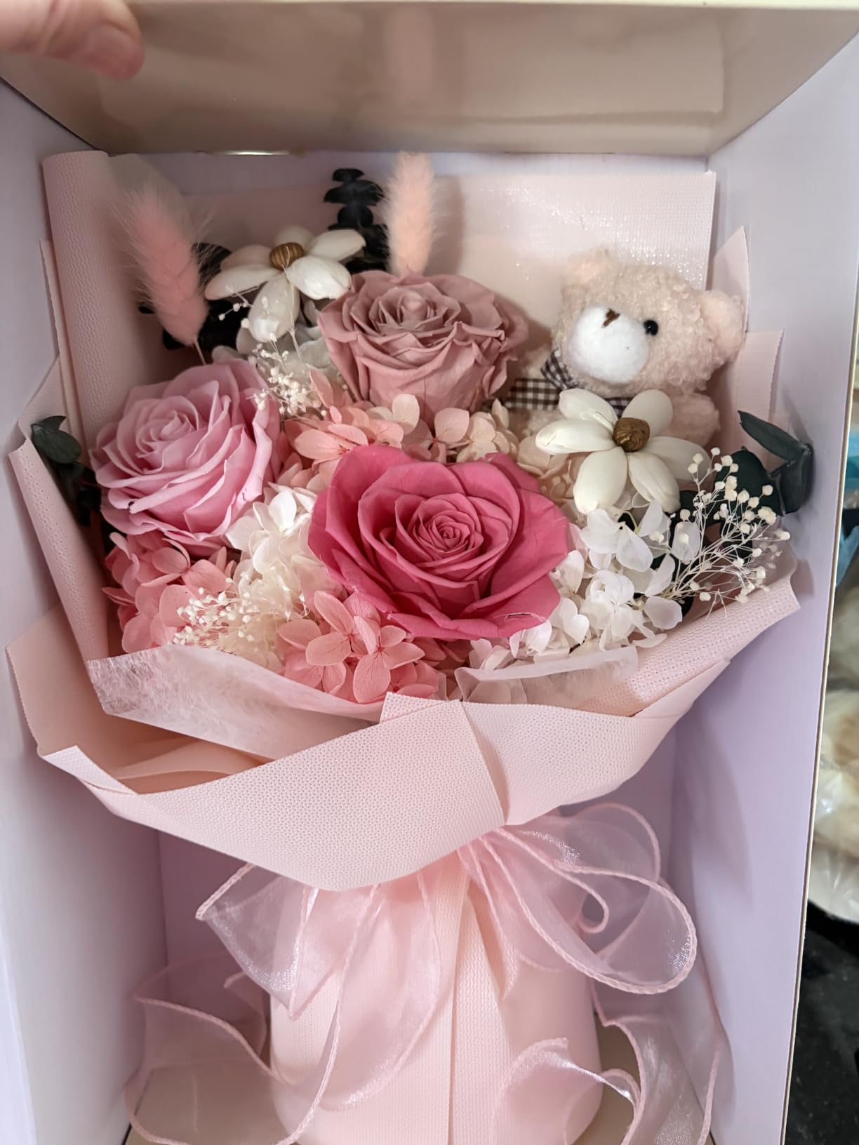 Preserved Flowers Bouquet with Bear, 3 Real Forever Flowers for Delivery, Long-Lasting Pink Eteranl Roses Bouquet, Anniversary Birthday Valentine Gifts for Women Mom Grandma Her Wife Girlfriend Customer Review Preserved Flowers Bouquet with Bear, 3 Real Forever Flowers for Delivery, Long-Lasting Pink Eteranl Roses Bouquet, Anniversary Birthday Valentine Gifts for Women Mom Grandma Her Wife Girlfriend - Customer Photo 1