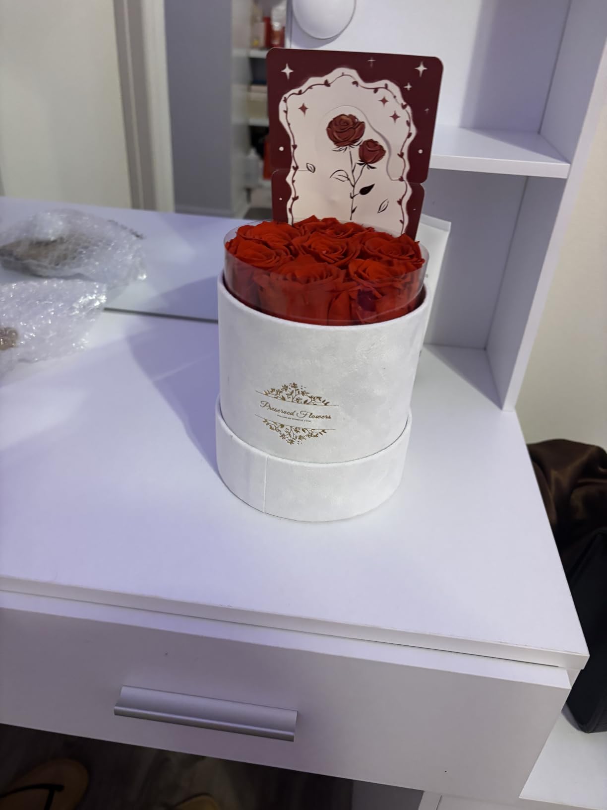 17 Forever Flowers in a Luxury Suede Box, Preserved Roses Birthday Gifts for Women, Romantic Anniversary Valentines Day Gifts for Her Girlfriend Wife, Red Customer Review 17 Forever Flowers in a Luxury Suede Box, Preserved Roses Birthday Gifts for Women, Romantic Anniversary Valentines Day Gifts for Her Girlfriend Wife, Red - Customer Photo 1