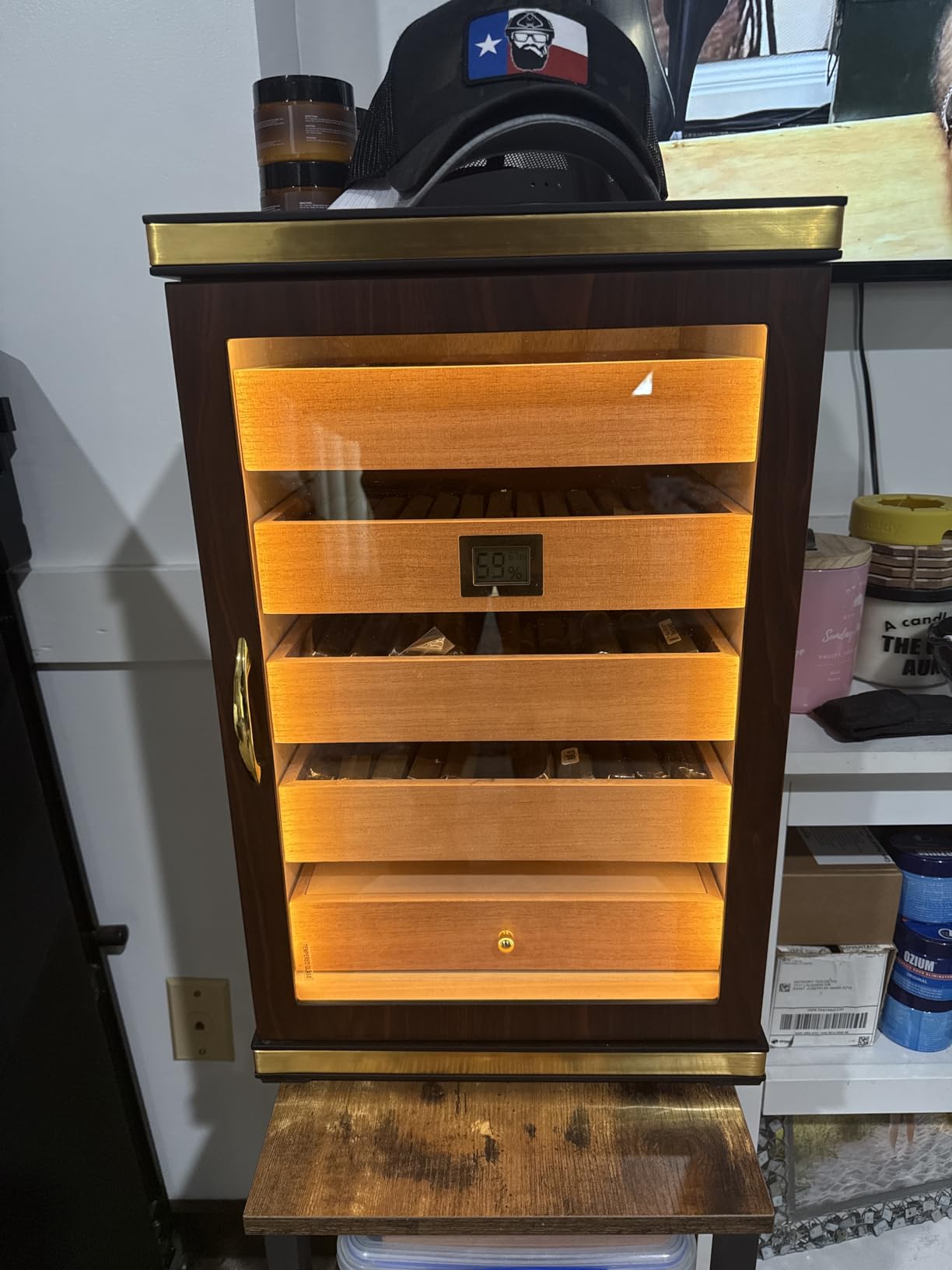 Cigar Humidor, Desktop Cigar Humidor Cabinet Triple-Sided Light with Digital Hygrometer, Humidifier and Humidity Packs. 5 Ceder Wood Drawers,Humidor Cigar Box can Hold 500 Cigars. Present for Men customer photo 1