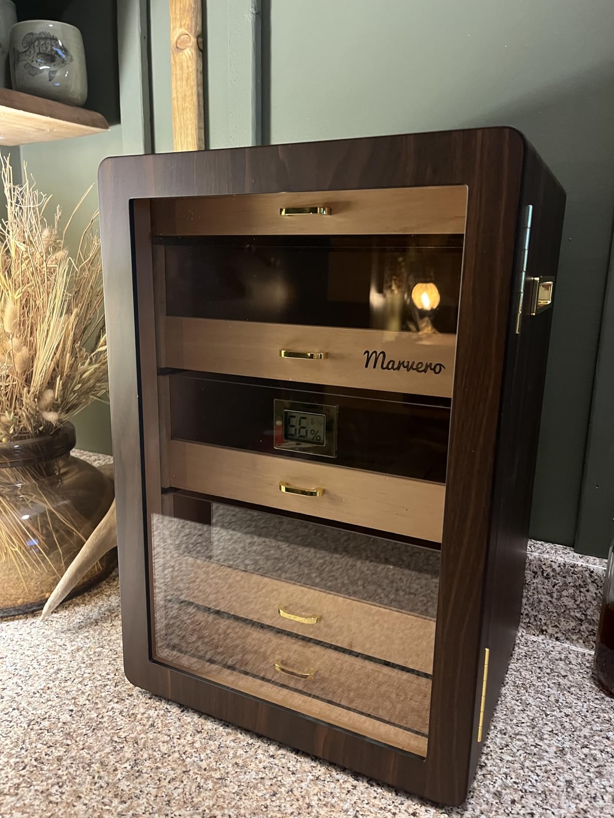 Cigar Humidor, Desktop Cigar Humidor Cabinet Triple-Sided Light with Digital Hygrometer, Humidifier and Humidity Packs. 5 Ceder Wood Drawers,Humidor Cigar Box can Hold 500 Cigars. Present for Men customer photo 2