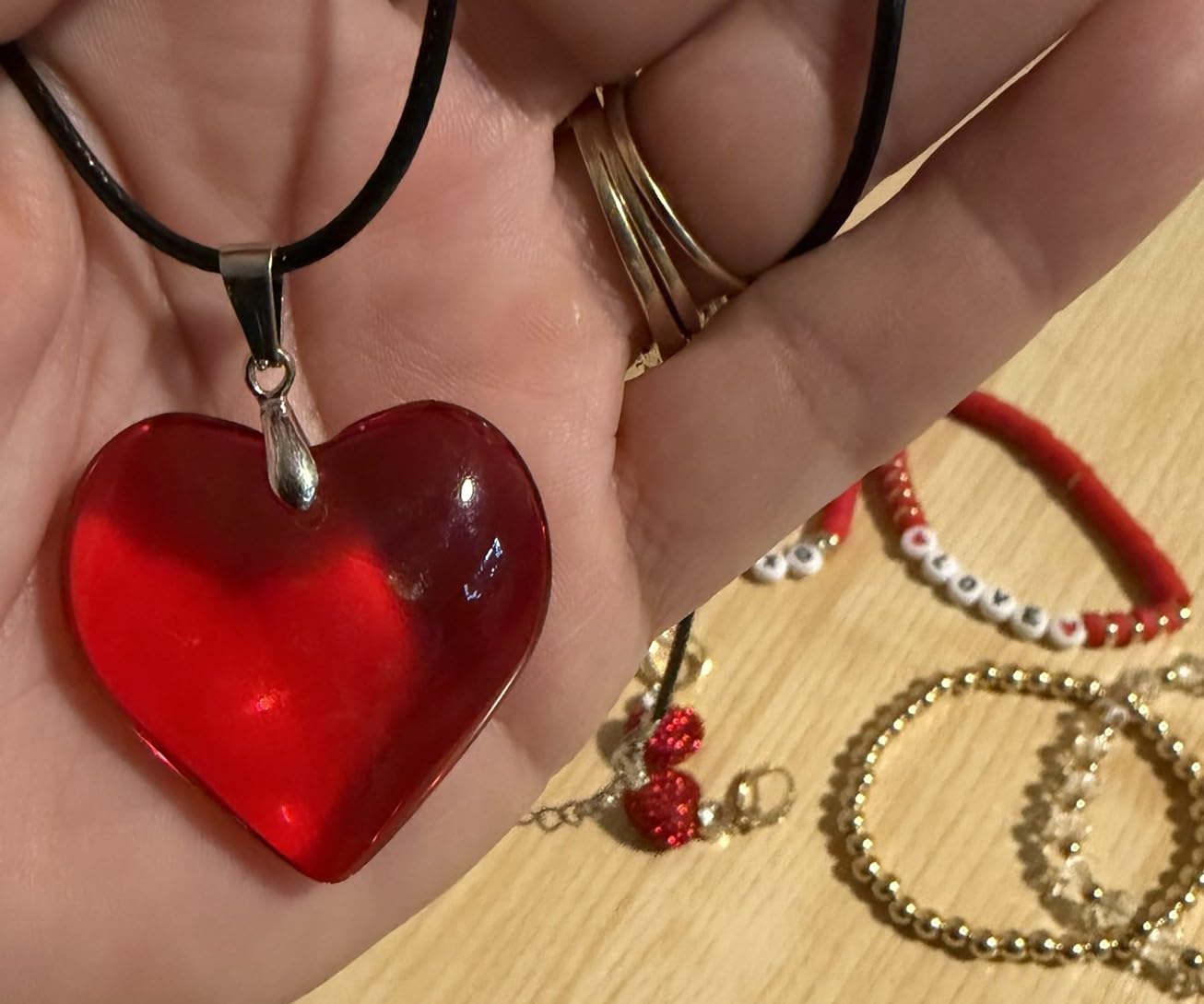 Valentines Jewelry For Her - Love Heart Bracelets Red and Gold Rhinestone Earrings Puffy Heart Necklace Red Heart Jewelry Gifts for Girlfriend Lover Best Friends Wife Women - Customer Photo 2