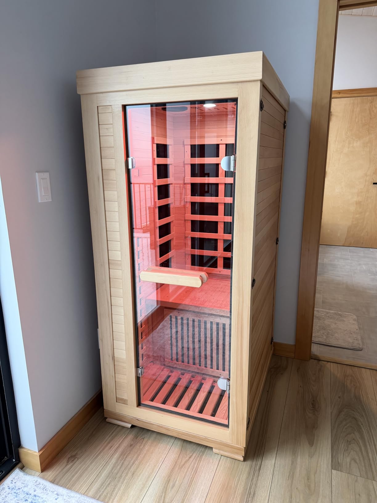 ENSTVER Infrared Wood Sauna 5.4Ft 1 Person, Luxury Full Spectrum Far Infrared Sauna Features Low EMF 1240w 7-Light Dynamic & Music Speakers, Canadian Hemlock Dry Indoor Saunas for Home & Gym customer photo 2