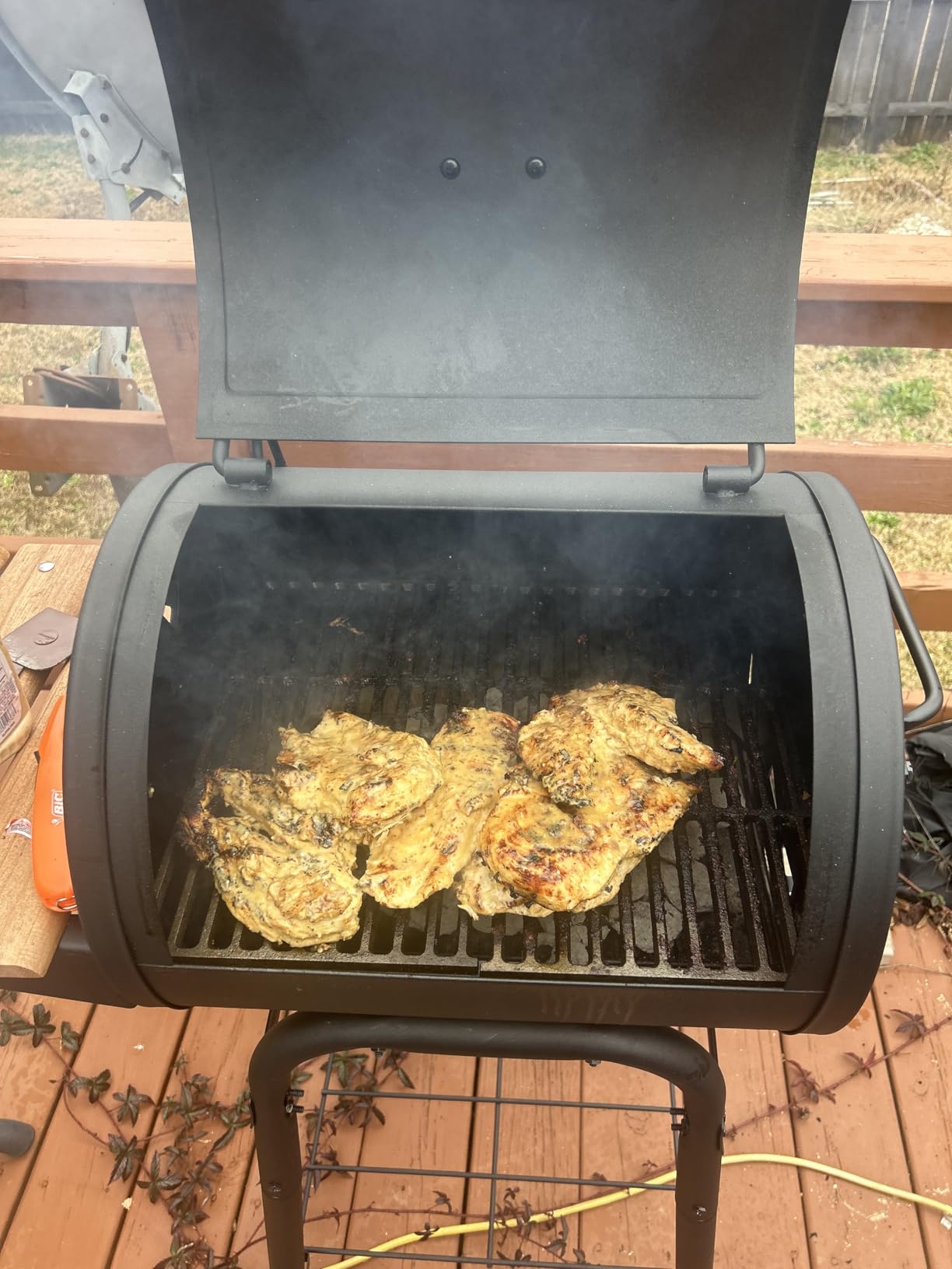Char-Griller® Patio Pro Charcoal Grill and Smoker with Cast Iron Grates, Premium Wood Shelf and Damper Control, 250 Cooking Square Inches in Black, Model E1515 customer photo 2
