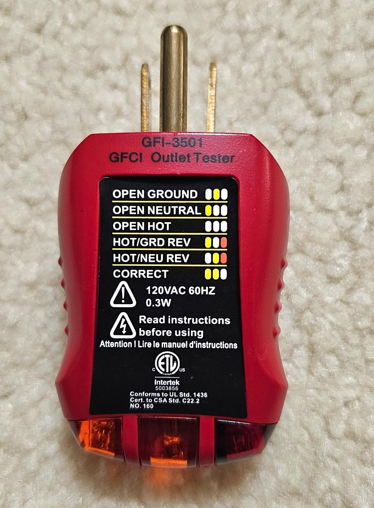 Gardner Bender GFI-3501 Ground Fault Receptacle Tester & Circuit Analyzer, 110-125V AC, for GFCI / Standard / Extension Cords & More, 7 Visual LED Tests customer photo 2