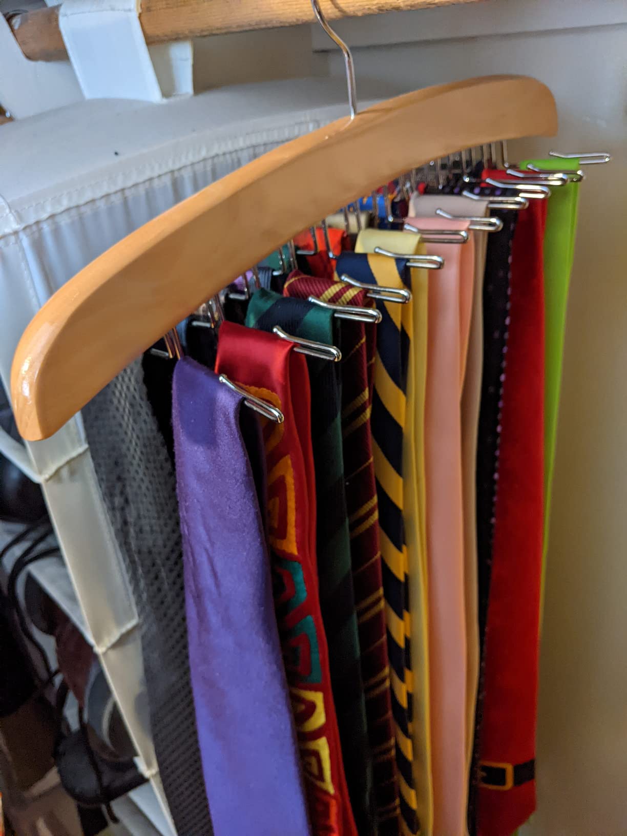 HANGERWORLD Hanging Tie Holder Organizer Rack - Premium Wooden Tie Hanger with 24 Folding Accessory Hooks for Closet Space Saving customer photo 1