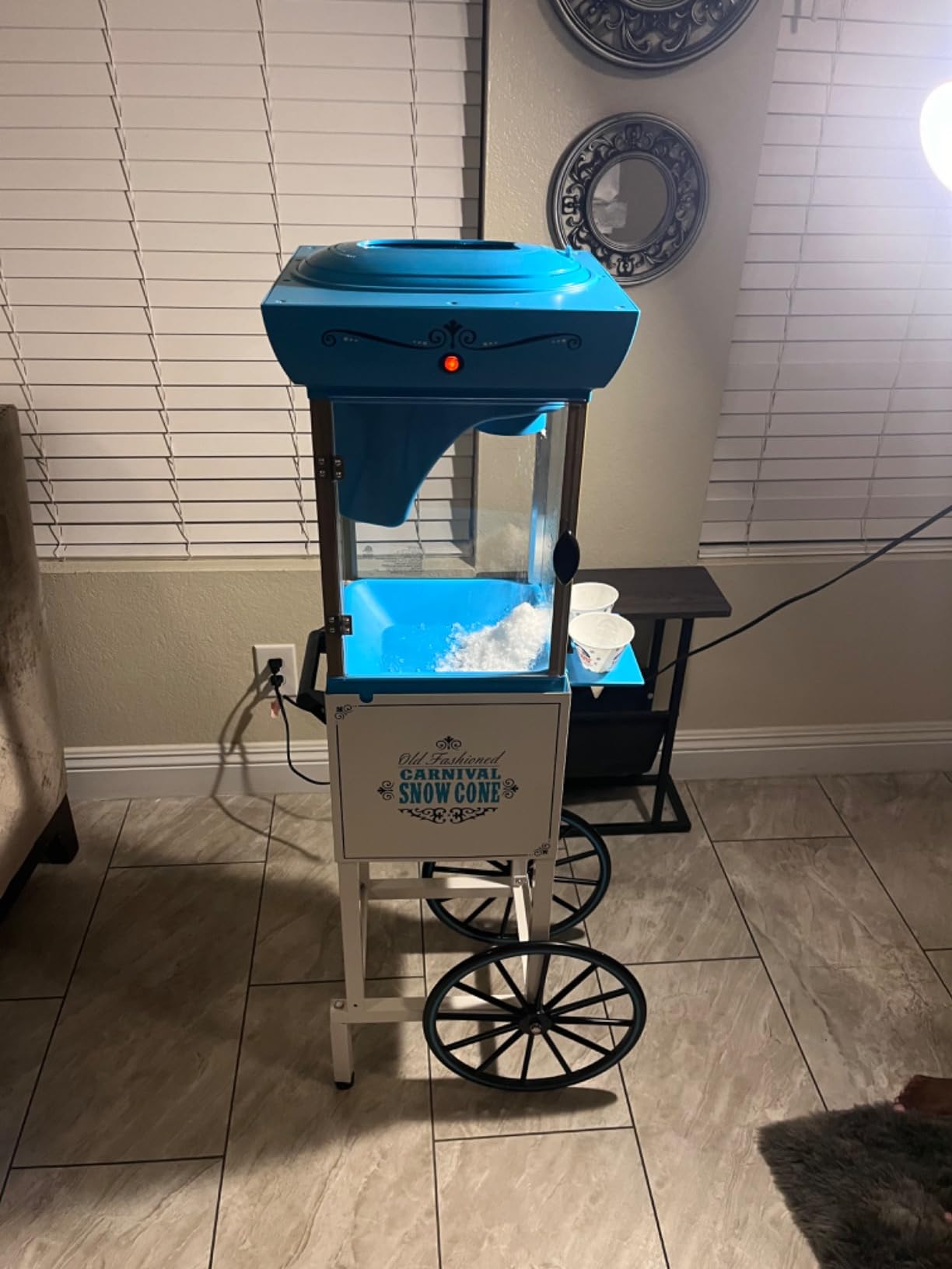 Nostalgia Snow Cone Shaved Ice Machine - Retro Cart Slushie Machine Makes 48 Icy Treats - Includes Metal Scoop, Storage Compartment, Wheels for Easy Mobility - White, Blue customer photo 2