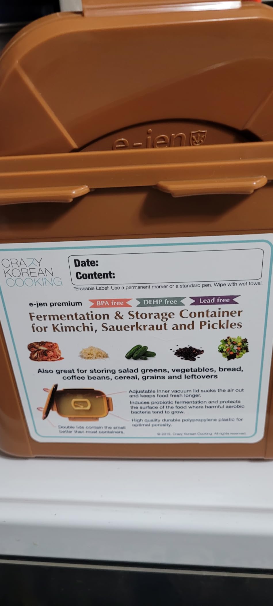 Crazy Korean Cooking Premium Kimchi, Sauerkraut Fermentation and Storage Container with Inner Vacuum Lid, Sandy Brown, 0.9 gallon (3.4 L) customer photo 1