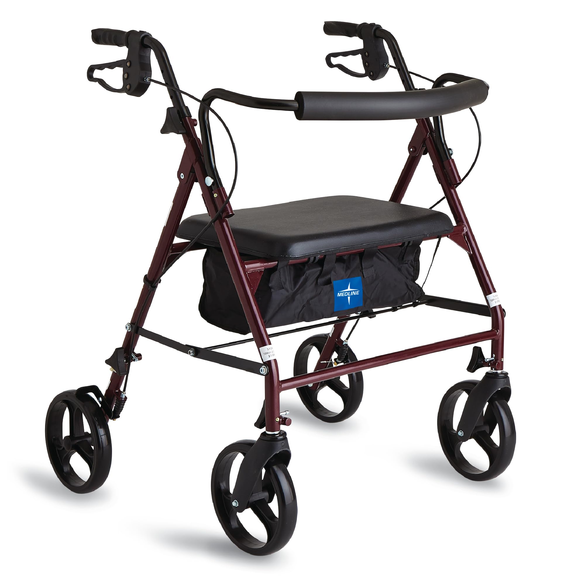 Medline Large Steel Bariatric Rollator Walker with Adjustable Handles, Padded Seat & Backrest, Burgundy, 500 lb. Weight Capacity, Foldable with Storage, 8