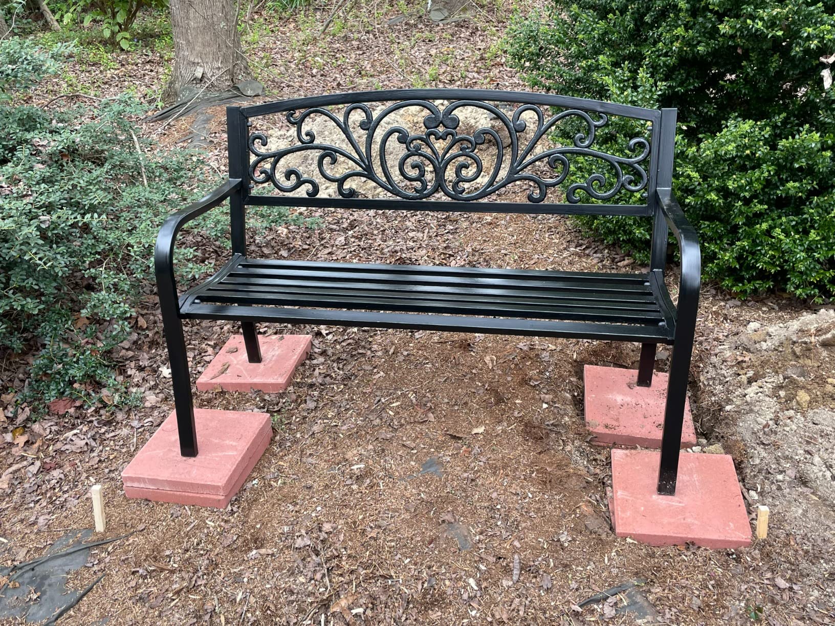 Best Choice Products Outdoor Bench Steel Garden Patio Porch Furniture for Lawn, Park, Deck w/Floral Design Backrest, Slatted Seat - Black customer photo 1