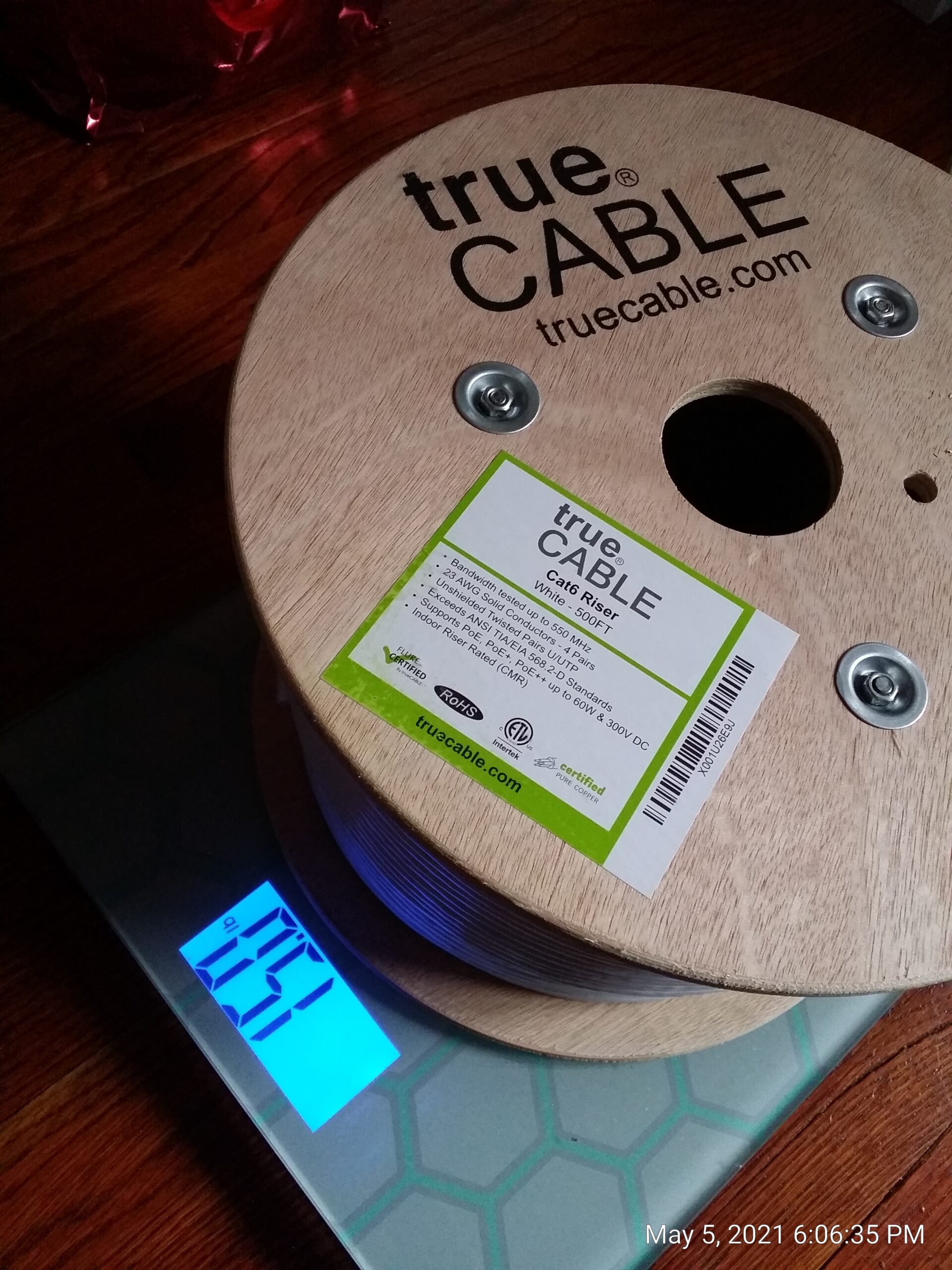 TRUE CABLE Cat6 Riser (CMR), 1000ft, White, 23AWG 4 Pair Solid Bare Copper, 550MHz, ETL Listed, Unshielded Twisted Pair (UTP), Bulk Ethernet Cable customer photo 2