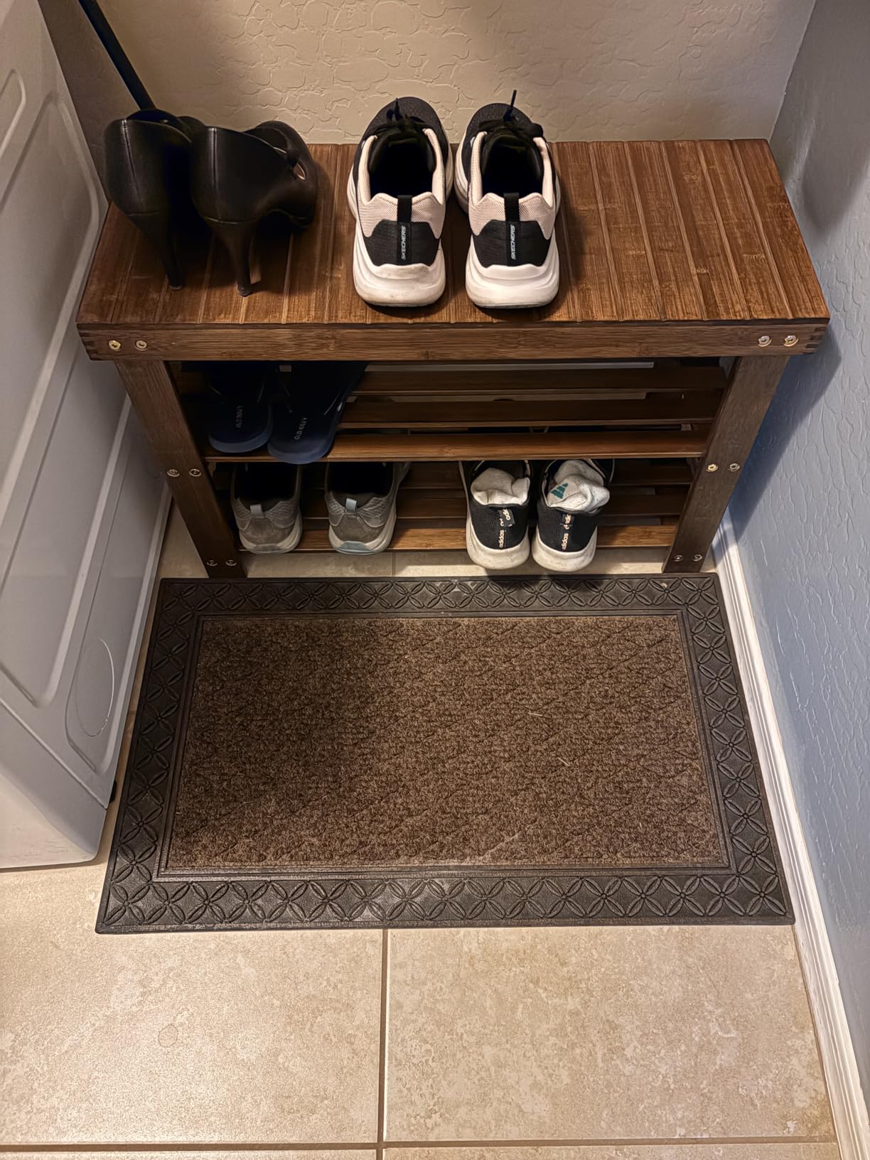 SONGMICS Shoe Rack Bench, 3-Tier Bamboo Shoe Storage Organizer, Entryway Bench, Holds Up to 286 lb, 11.3 x 27.6 x 17.8 Inches, for Entryway Bathroom Bedroom, Ink Black ULBS04H customer photo 2