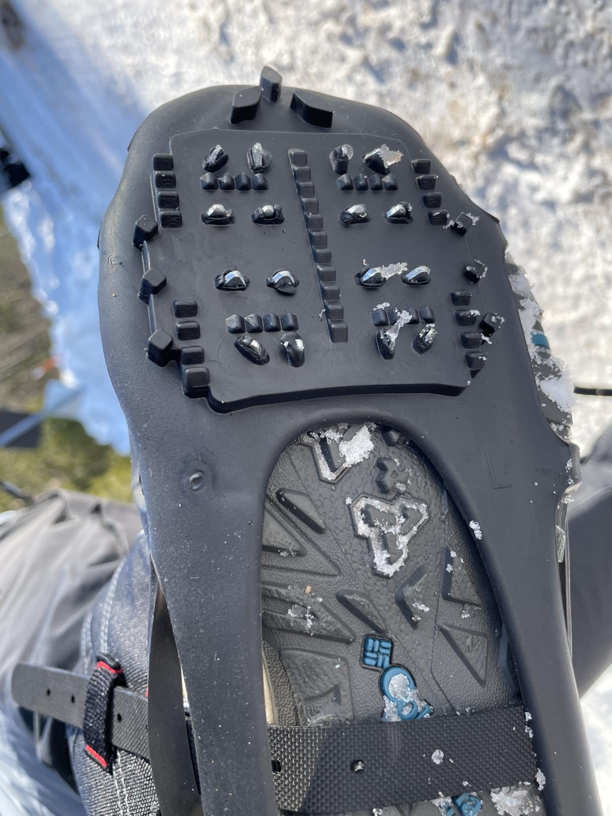 JSHANMEI Ice Cleats, Crampons Snow Traction Ice Cleats for Shoes and Boots Women Men, Non Slip Grippers Spikes for Shoes with Straps, Slip-on Rubber Overshoe Stretch Footwear for Winter Walking Hiking Fishing customer photo 1