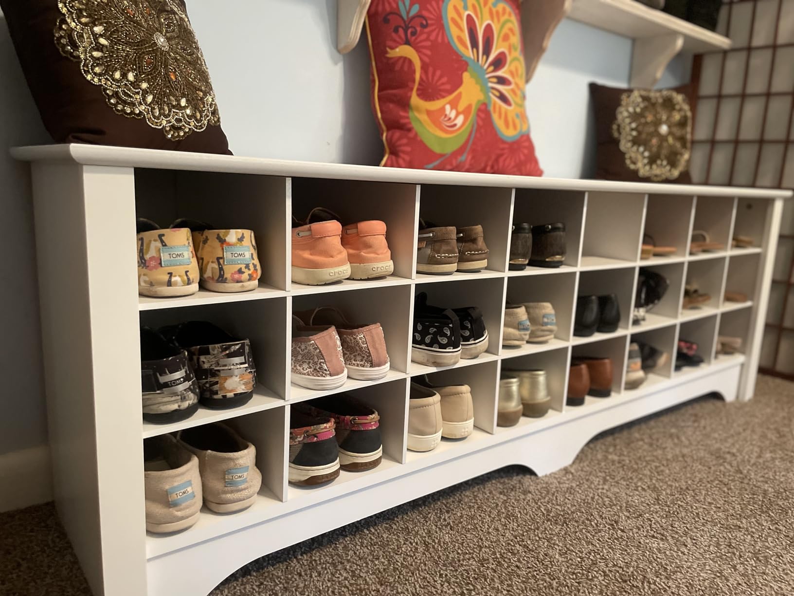 Prepac White Hall Bench with Storage and Seating: 24-Shoe Cubby Bench, Ideal White Shoe Rack for Entryway, Sized 15.5