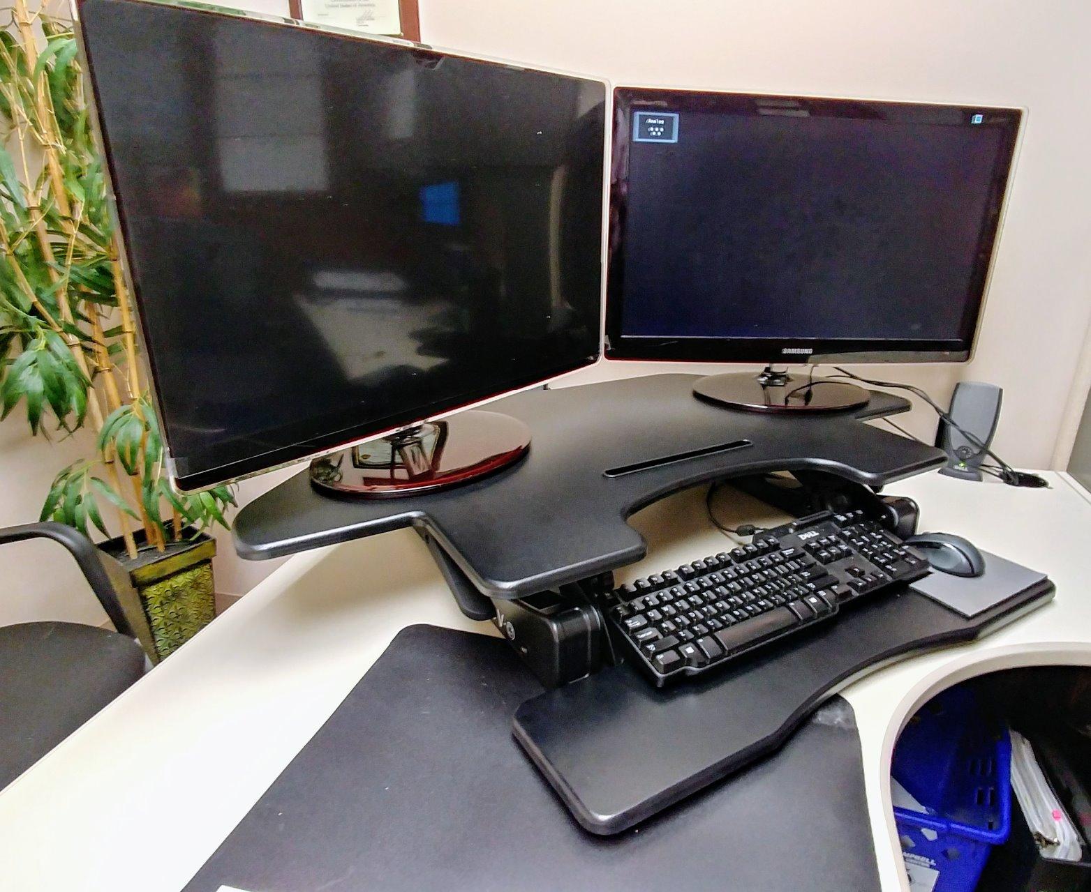 VIVO 43 inch Corner Height Adjustable Cubicle Stand Up Desk Converter, V Series, Quick Sit to Stand Tabletop Dual Monitor Riser Workstation, Black, DESK-V000VC customer photo 2