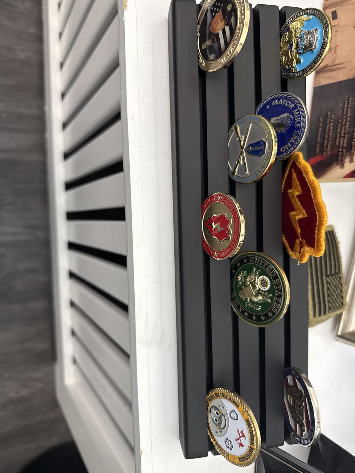 Small Military Challenge Coins Display Holder Solid Wood Challenge Coin Stand Holds 10-12 Coins, 4 Row Coin Holder Rack for Desk, Challenge Coin Display Case ,Red Finish customer photo 1