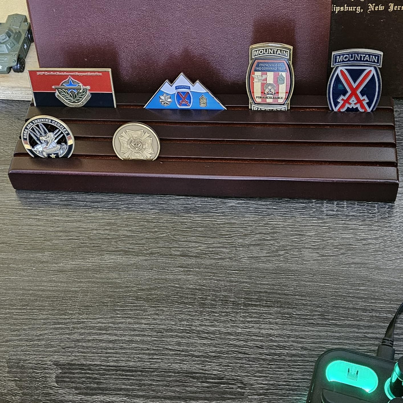 Small Military Challenge Coins Display Holder Solid Wood Challenge Coin Stand Holds 10-12 Coins, 4 Row Coin Holder Rack for Desk, Challenge Coin Display Case ,Red Finish customer photo 2