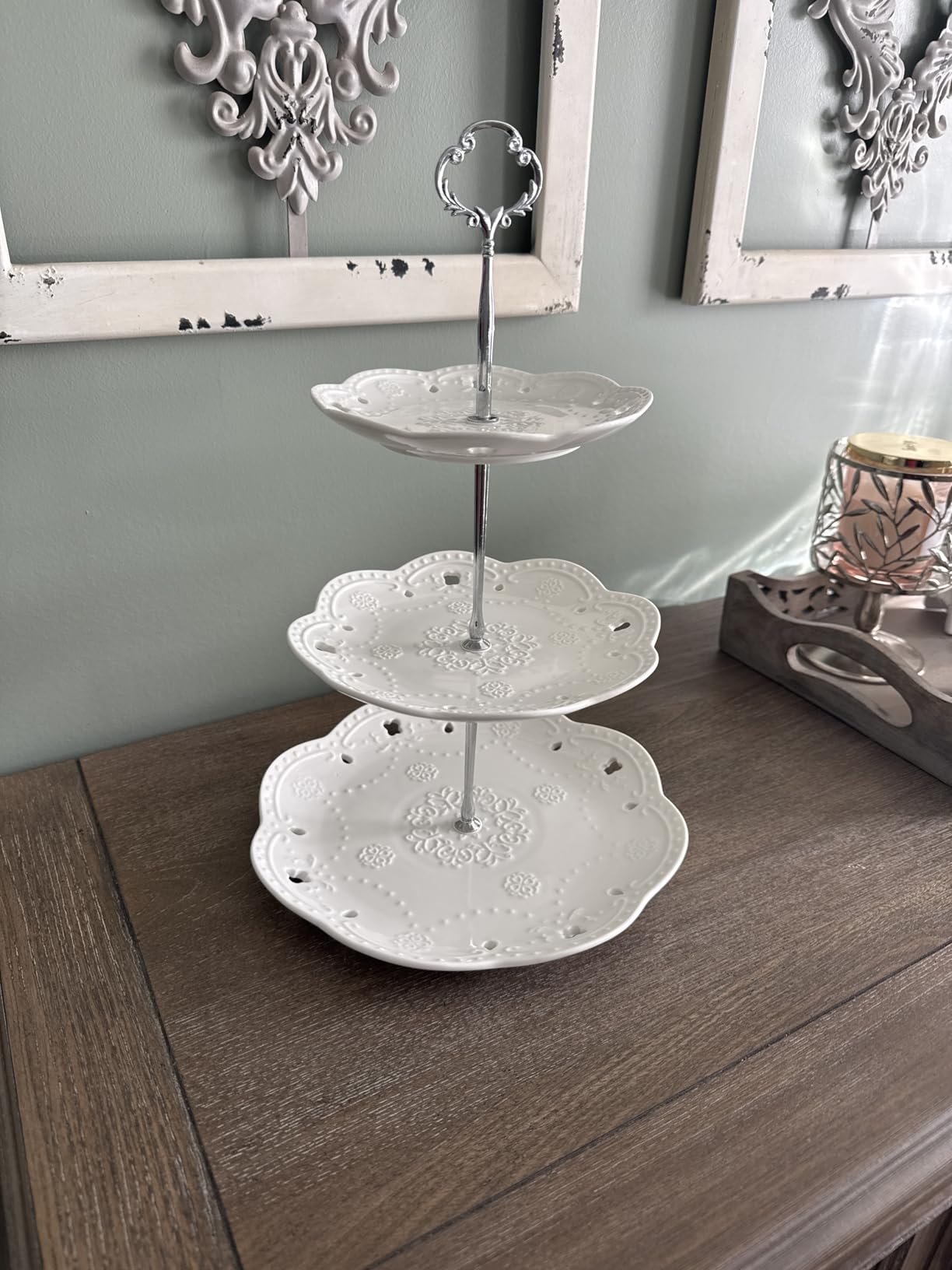 BonNoces 3-Tier Porcelain Cupcake Stand Serving Tray - White Embossed Elegant Dessert Cake Stand - Pastry Serving Stand for Tea Party, Wedding and Birthday customer photo 2