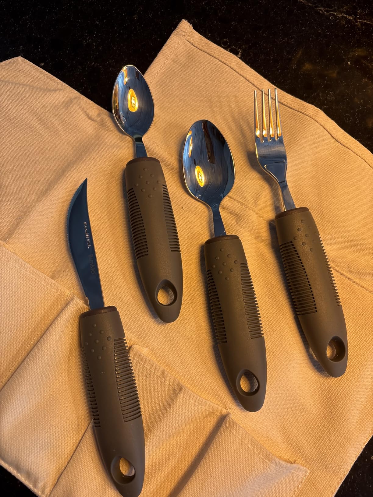 BUNMO Adaptive Utensils for Elderly, Tremors & Weak Hand Grips - 4pc Lightweight Assistive Silverware Set with Foam Easy Grip Handles - Discreet Canvas Travel Wrap - Dishwasher Safe customer photo 1